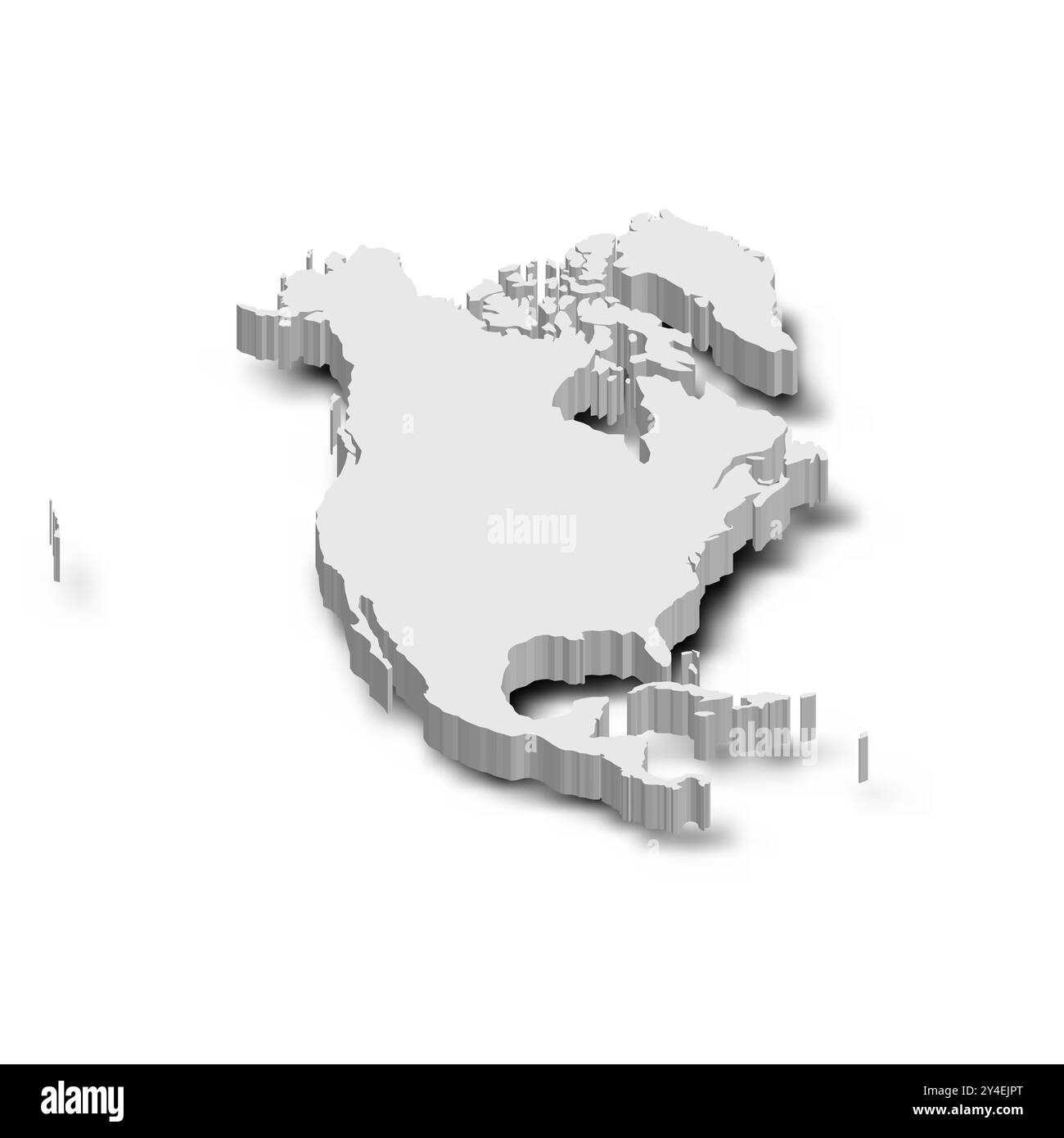 Una silhouette grigia tridimensionale del continente nordamericano è esposta su uno sfondo bianco, che mostra le sue caratteristiche geografiche senza confini politici. Illustrazione Vettoriale