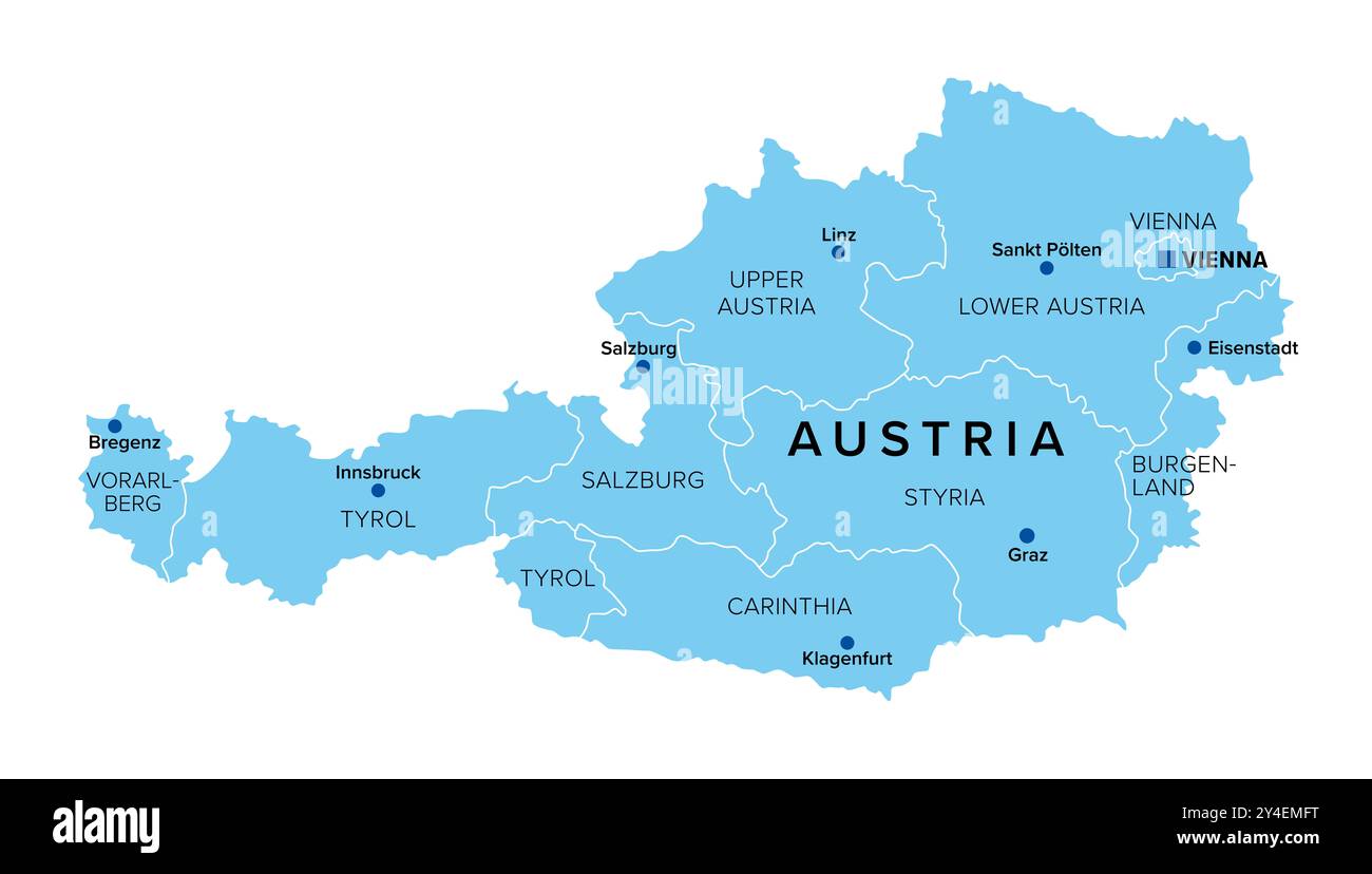 Sagoma dell'Austria con gli stati federali, mappa politica blu. La Repubblica d'Austria, un paese senza sbocco sul mare dell'Europa centrale con la sua capitale Vienna. Foto Stock