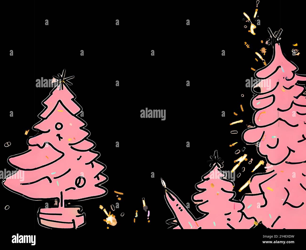 Sfondo di Capodanno disegnato a mano con alberi di Natale rosa caldi trasparenti, giocattoli e scintillanti Illustrazione Vettoriale