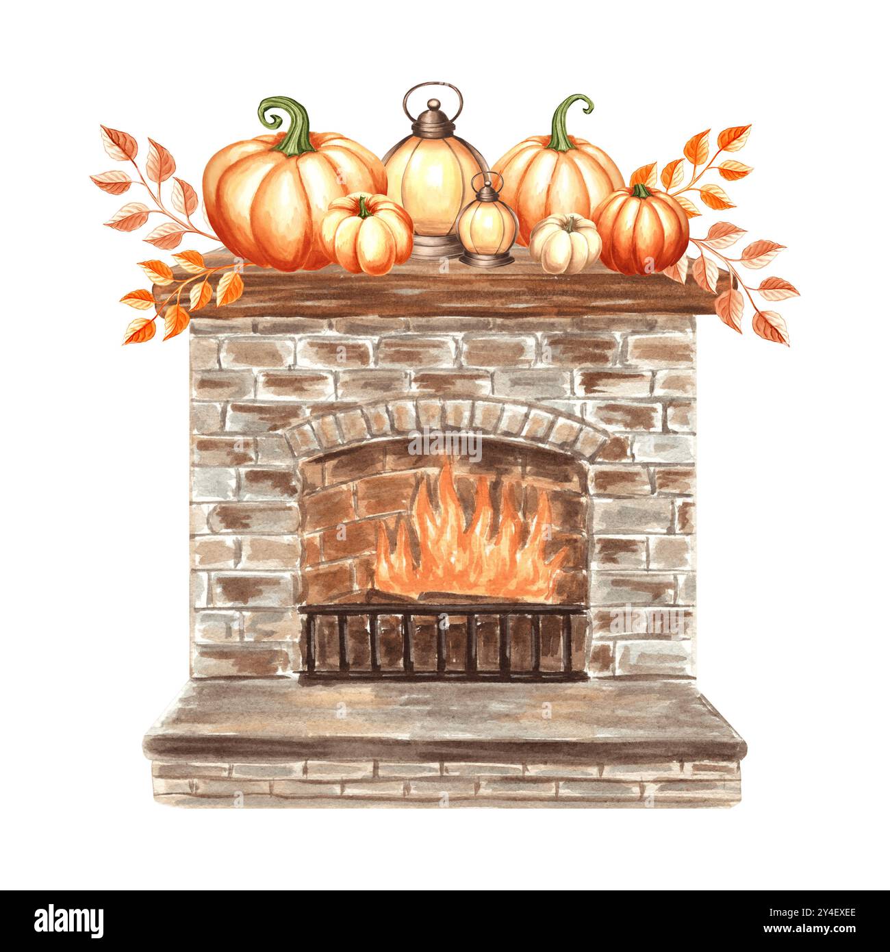 Caminetto acceso con arancia zucca e lanterna vintage su scaffale in legno. Illustrazione ad acquerello disegnata a mano in vintage. Accoglienti interni autunnali Foto Stock