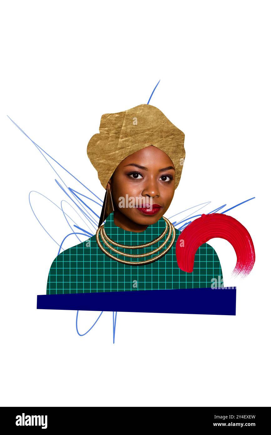 Collage verticale poster giovane bella donna modello abito a scacchi gioielli di sfondo accessorio disegno scarabocchi Foto Stock