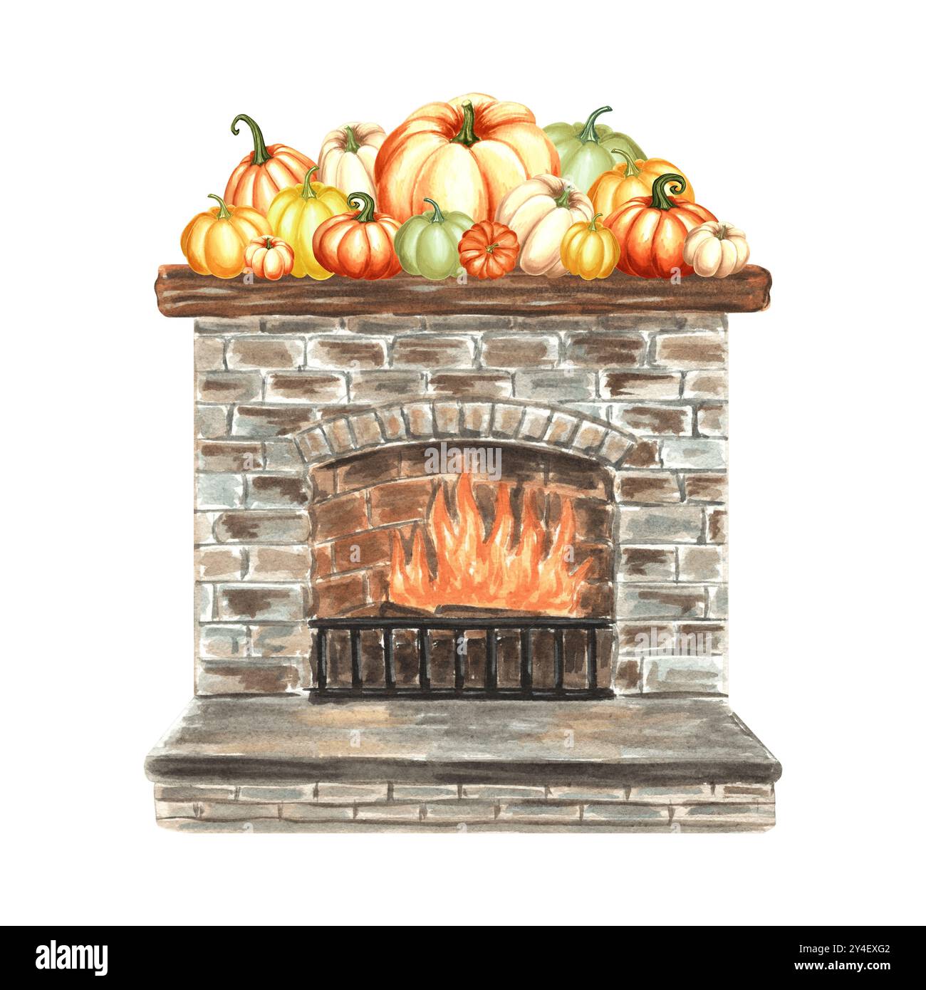 Caminetto acceso con zucche di colori diversi su scaffale in legno. Illustrazione ad acquerello disegnata a mano isolata. Interni accoglienti per la casa autunnale Foto Stock