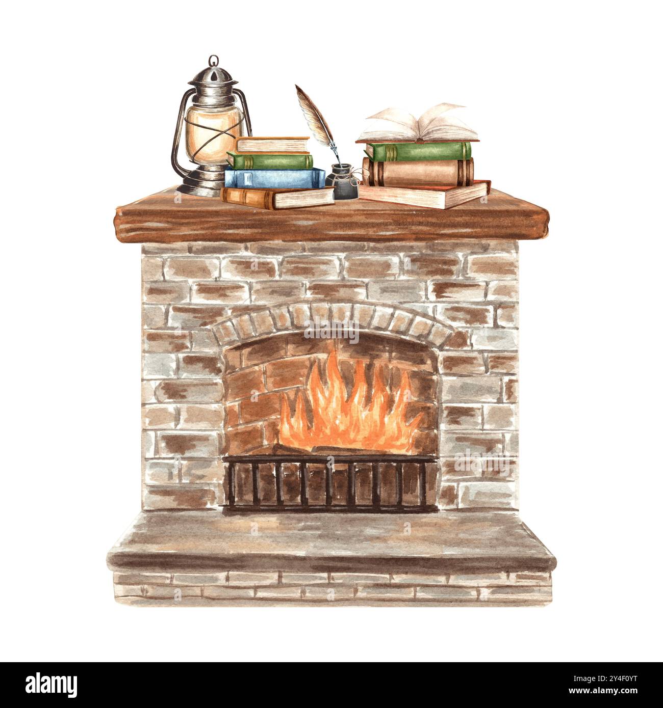 Caminetto in fiamme vintage. Libri con pozzetto di inchiostro e lanterna su scaffale in legno. Composizione di interni accoglienti. Illustrazione ad acquerello disegnata a mano Foto Stock