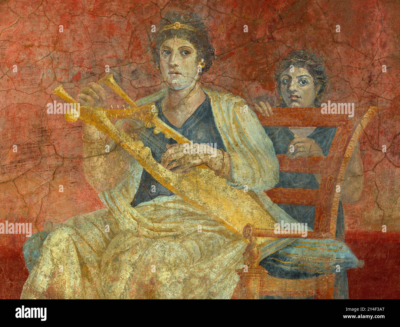 7371. Donna che suona una kithara (lira), affresco romano risalente al 40–30 a.C. Foto Stock