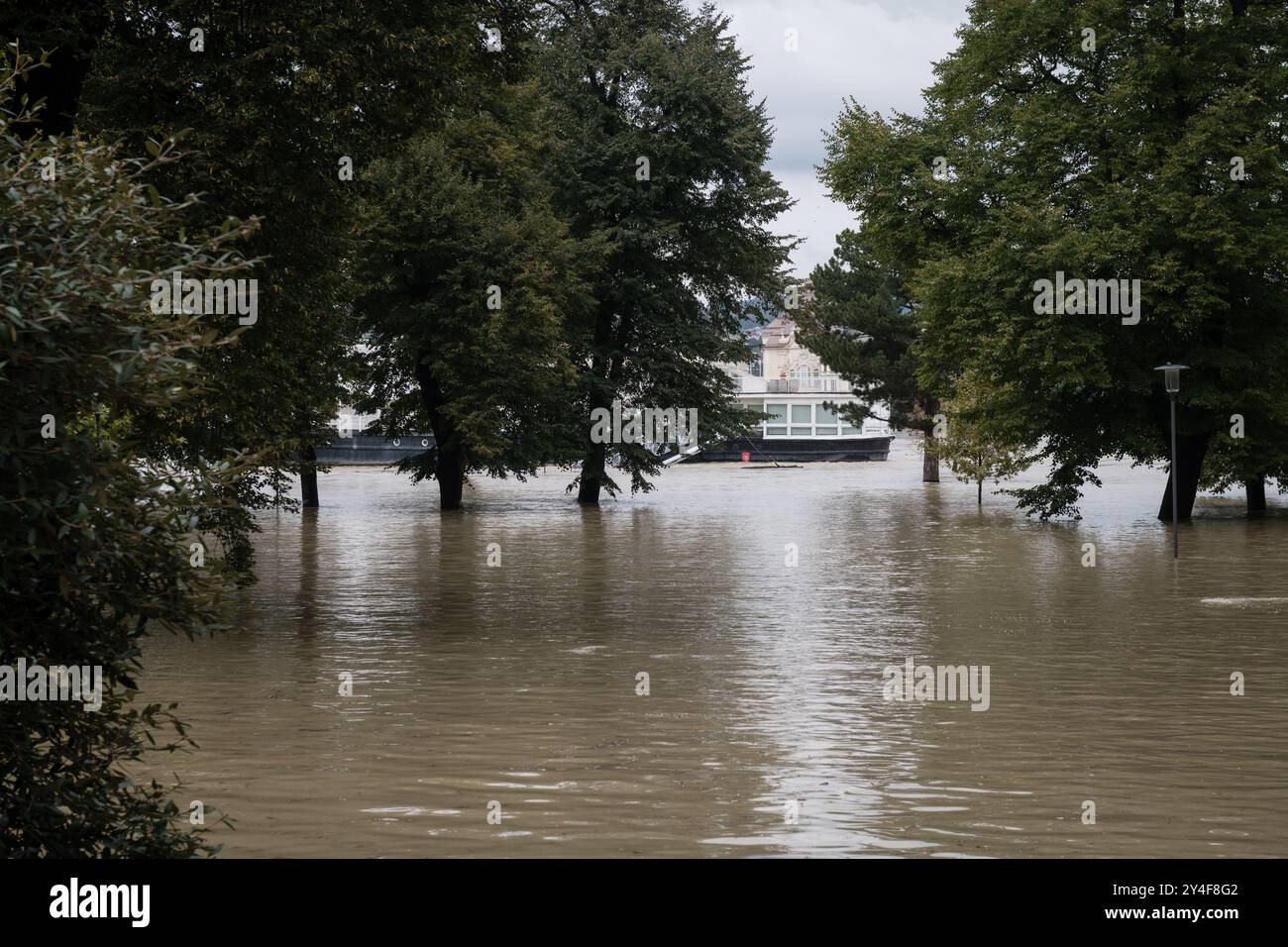 BRATISLAVA, SLOVACCHIA - 17 settembre 2024: Le acque alte del Danubio hanno inondato l'intero bacino di Tyrsovo sulla Petrzalka, Bratislava Foto Stock