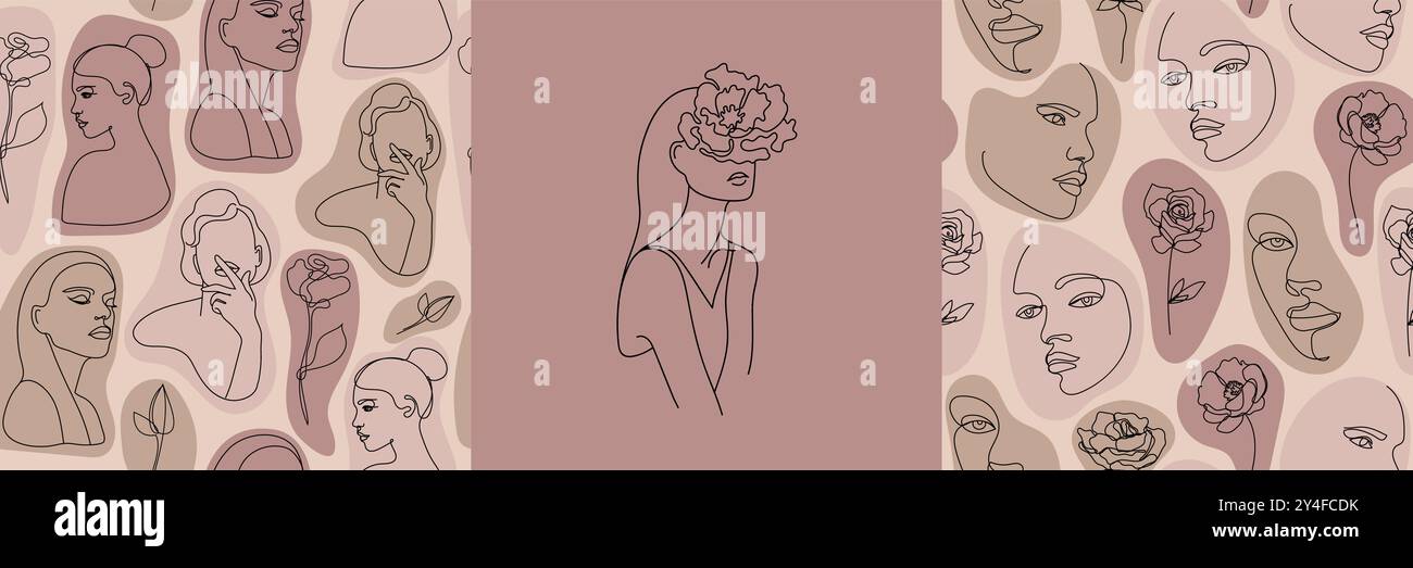 La linea vettoriale della donna affronta motivi senza cuciture, ritratti artistici femminili con fiori e foglie, sfondo minimalista di bellezza, illustrazione. Illustrazione Vettoriale