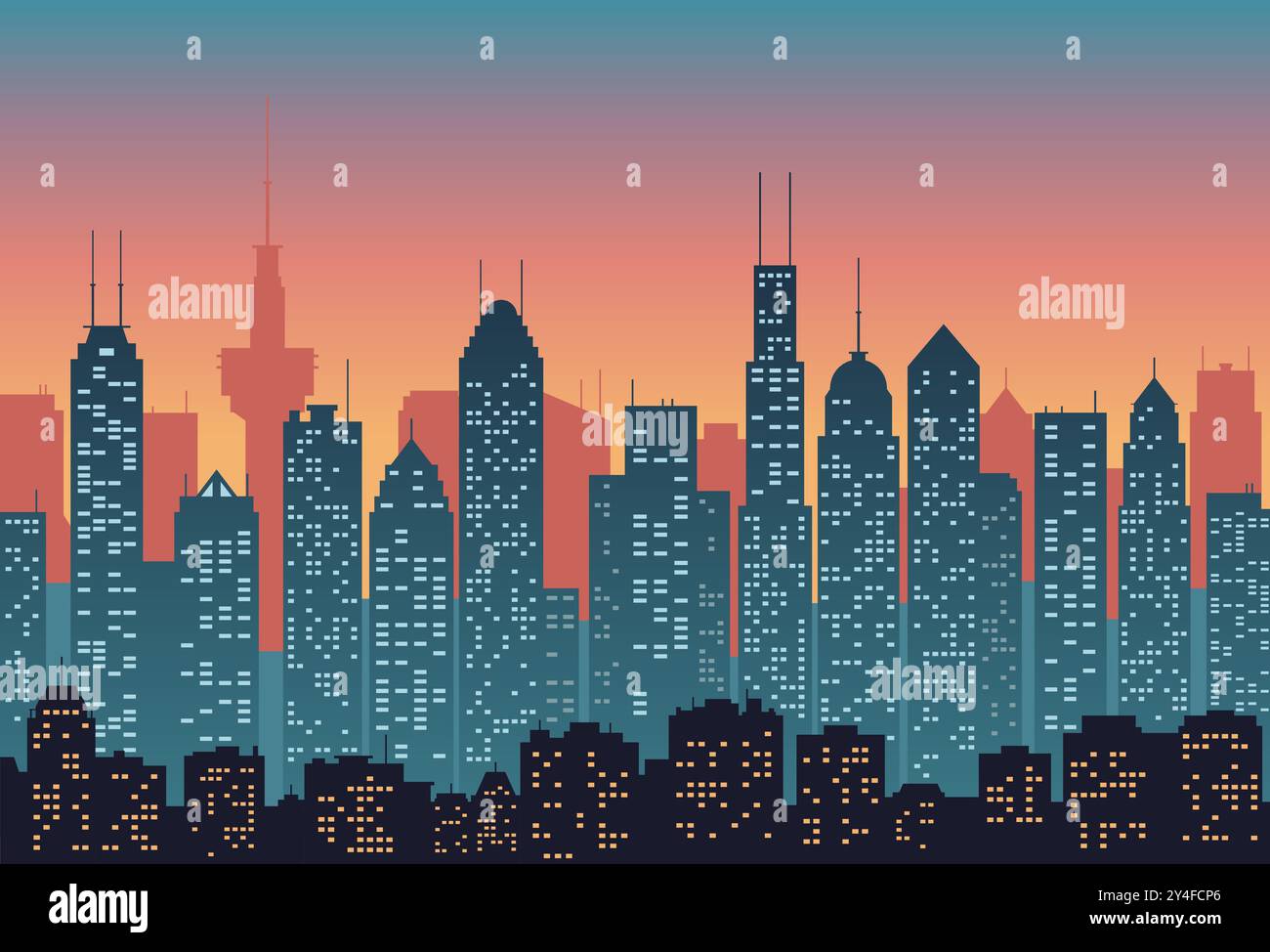 Illustrazione vettoriale città al tramonto. Silhouette di edifici con finestre chiare in colori scuri, stile piatto. Sfondo astratto urbano. Illustrazione Vettoriale