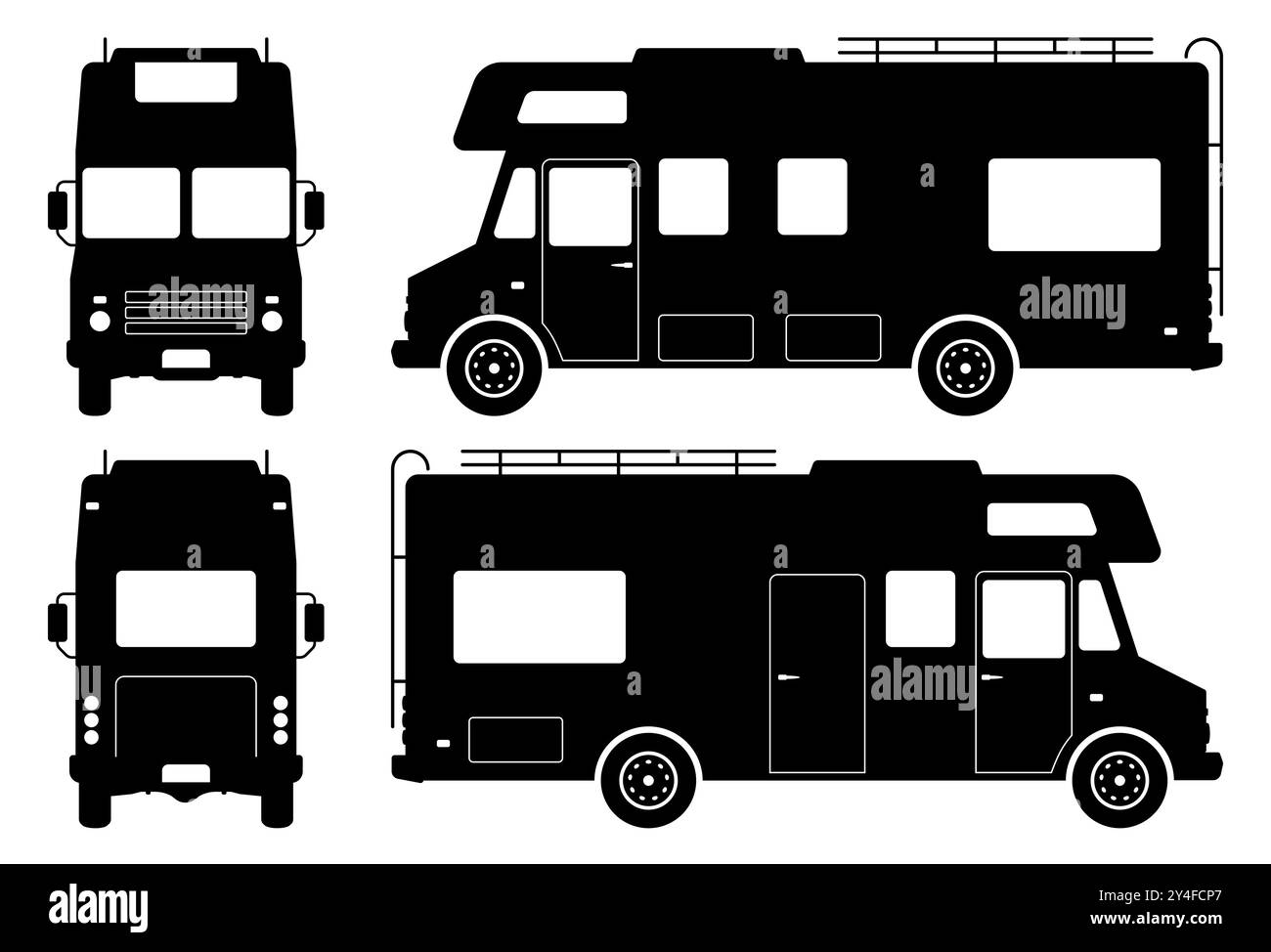 Silhouette camper su sfondo bianco. Le icone del veicolo consentono di impostare la vista laterale, anteriore e posteriore. Illustrazione Vettoriale