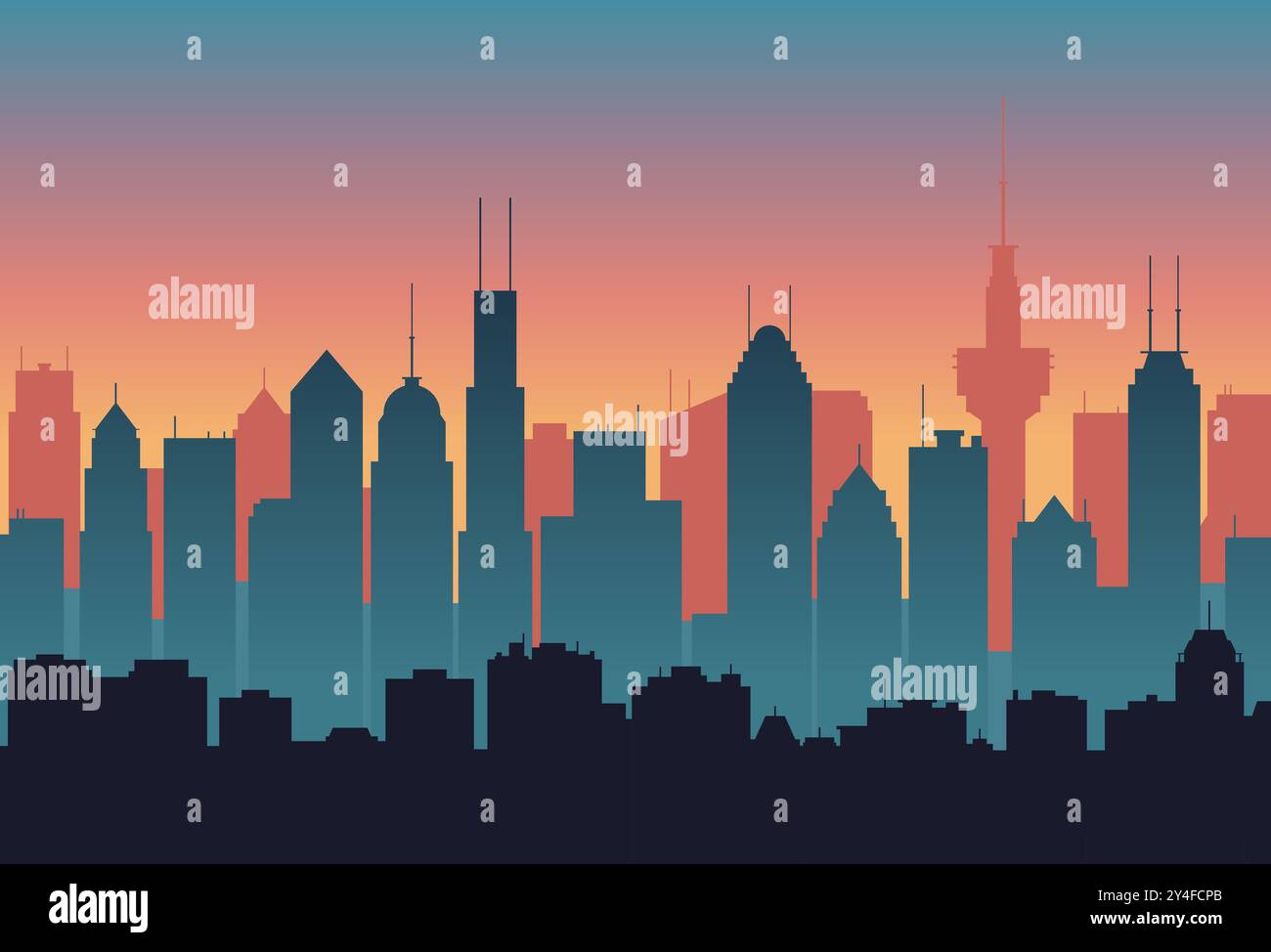 Illustrazione vettoriale città al tramonto. Silhouette di edifici in colori scuri, stile piatto. Sfondo astratto urbano. Illustrazione Vettoriale