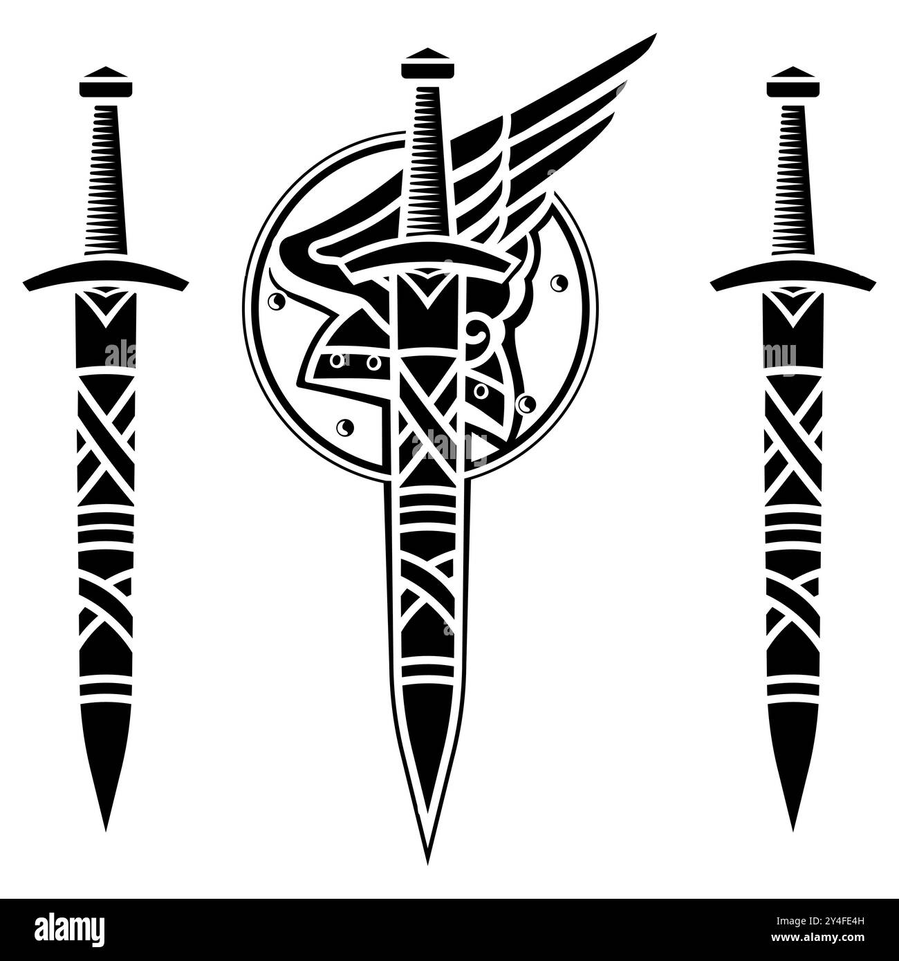Illustrazione vintage nell'antico stile scandinavo. Scudo, spada vichinga e casco con ali Illustrazione Vettoriale