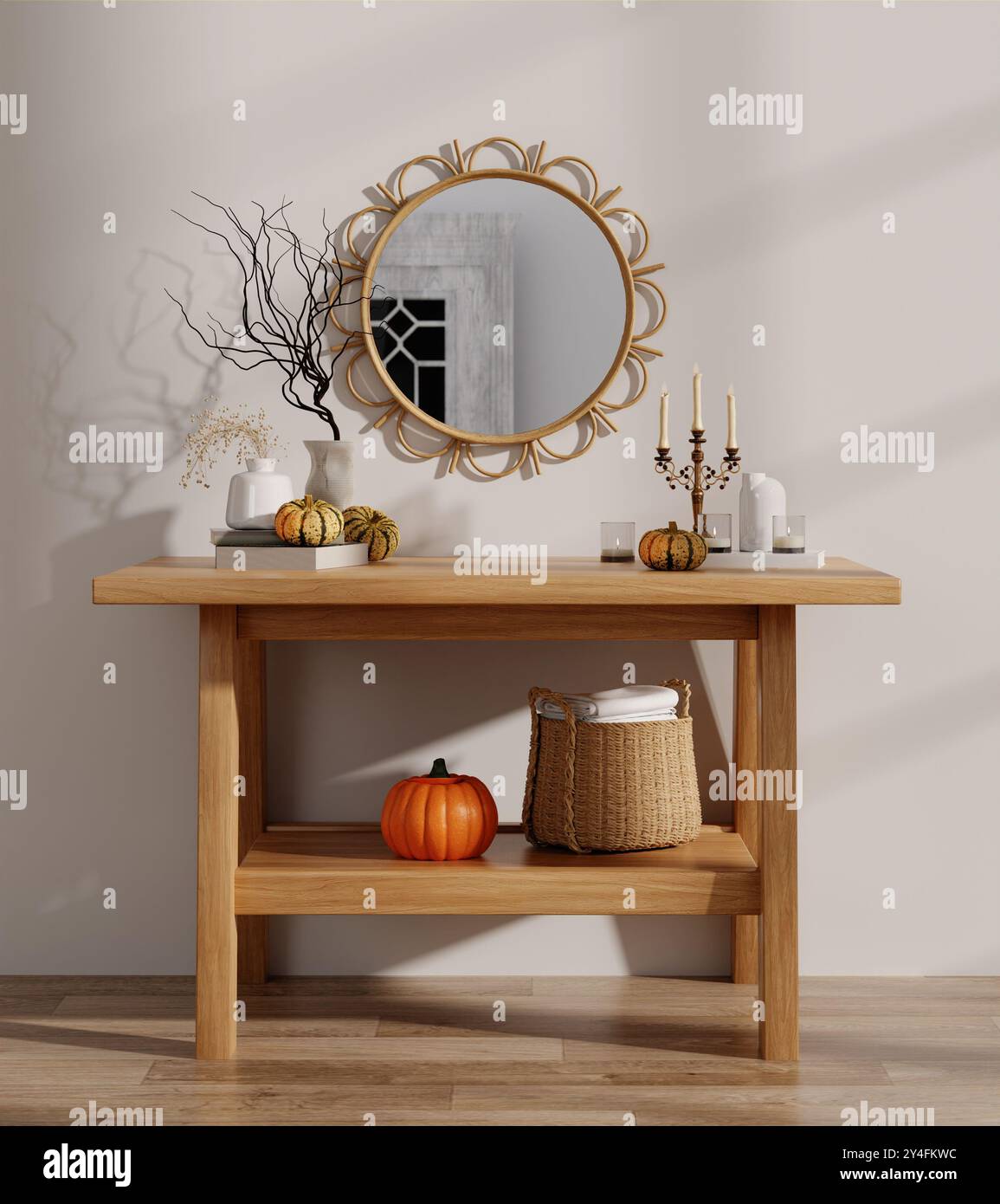 Rendering 3D degli interni moderni e minimalisti con tavolino console in legno, specchio e decorazioni autunnali Foto Stock