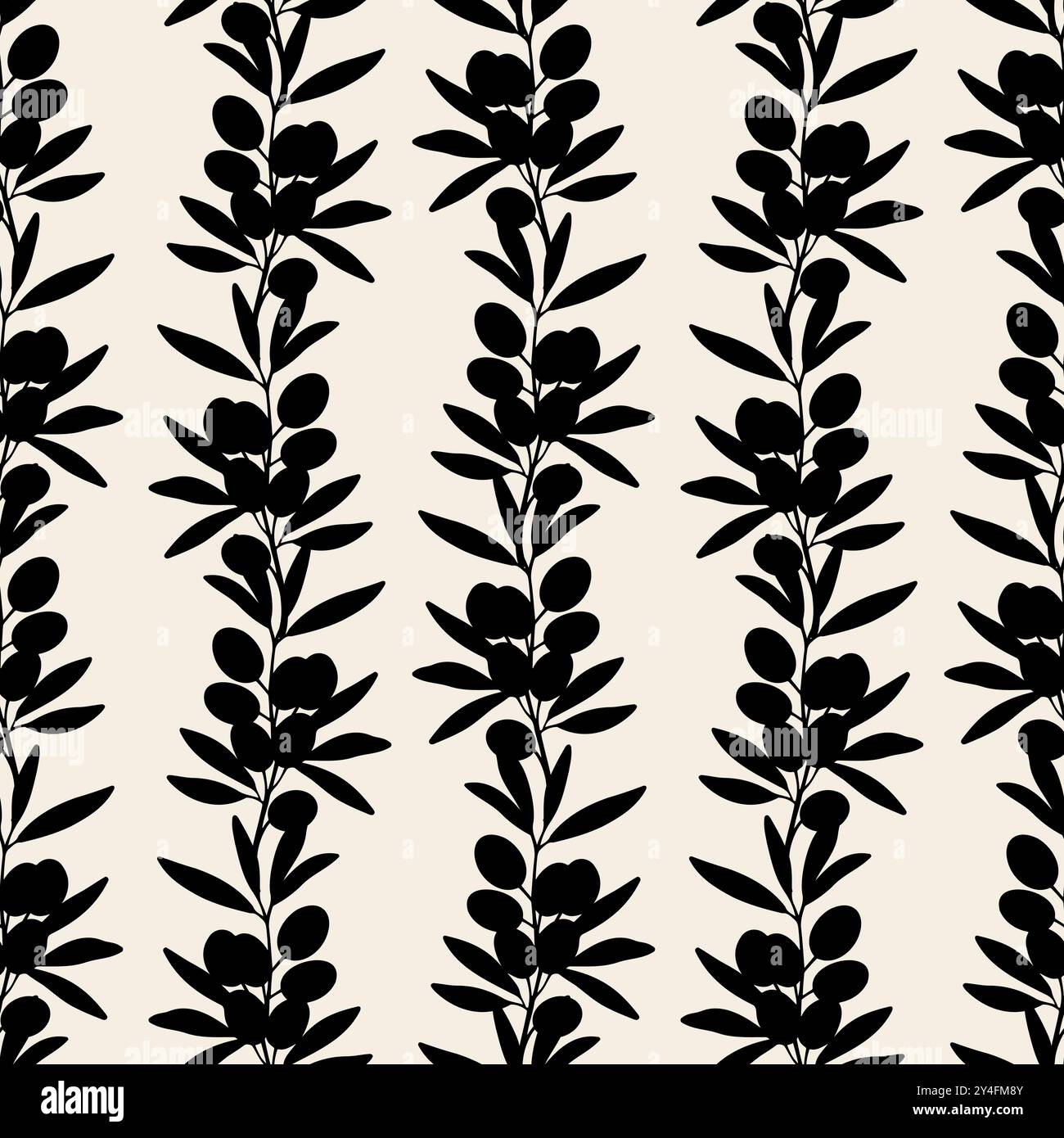 Le silhouette verticali delle olive sono scure su sfondo beige, ramificate con frutta e foglie. Illustrazione vettoriale Illustrazione Vettoriale