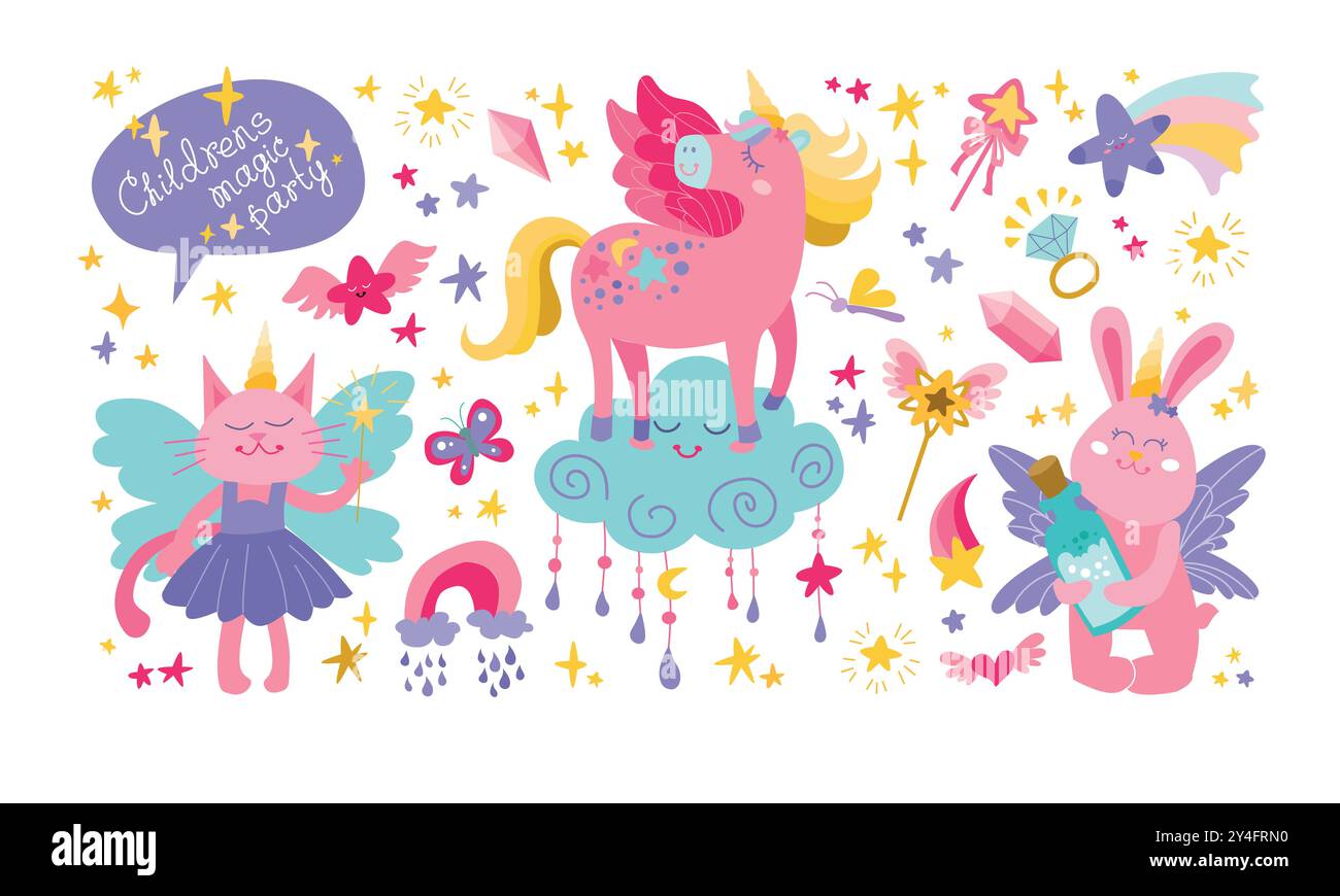 Set di animali magici. Grande collezione con personaggi da favola, felino, animali con corna, unicorno su nuvola, arcobaleno, stelle cadenti, cristalli e tagli Illustrazione Vettoriale