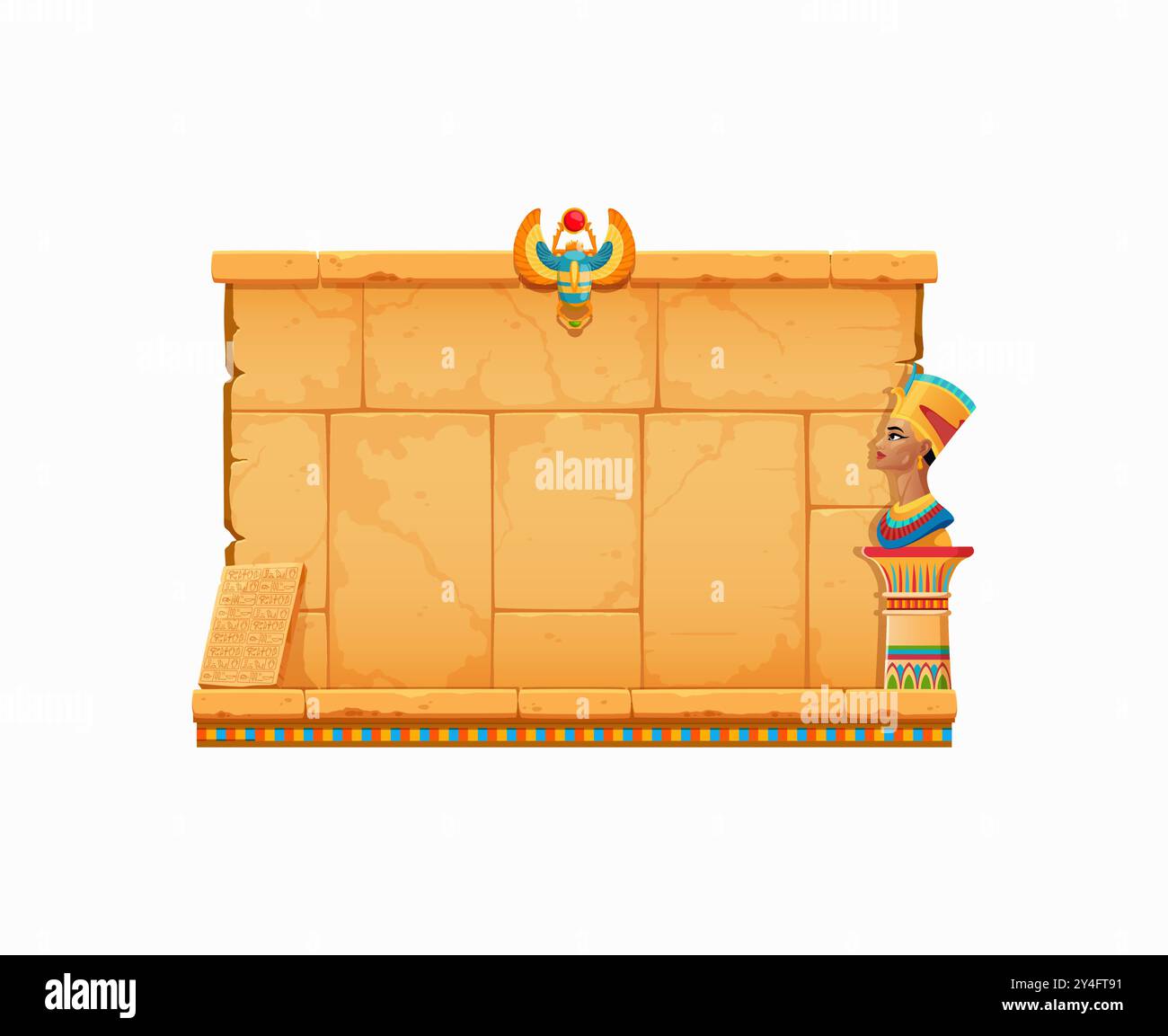 Cornice di gioco arcade, antico Egitto o parete in pietra egiziana d'epoca e papiro, interfaccia grafica vettoriale. Egitto avventura arcade parete in pietra per i pulsanti del menu livello sfondo con scarabeo e Nefertiti Illustrazione Vettoriale
