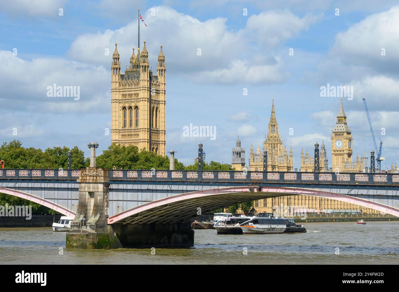 Londra, Regno Unito. Lambeth Bridge e le Houses of Parliament viste dagli Albert Embankment Gardens sulla South Bank Foto Stock