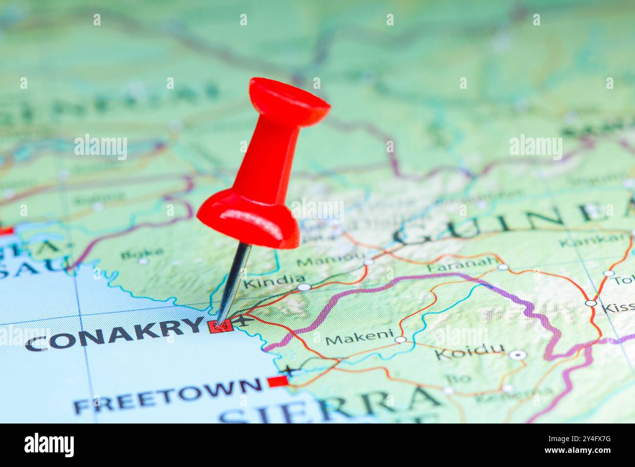 Conakry, Guinea pin sulla mappa dell'Africa Foto Stock