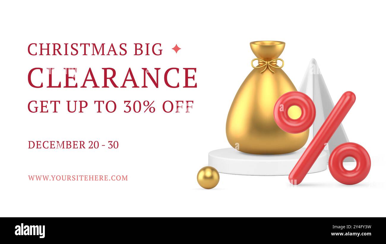 Modello banner offerta speciale shopping in grande promozione Natale dicembre immagine vettoriale realistica di icone 3D. Babbo Natale è un regalo d'oro a pede Illustrazione Vettoriale