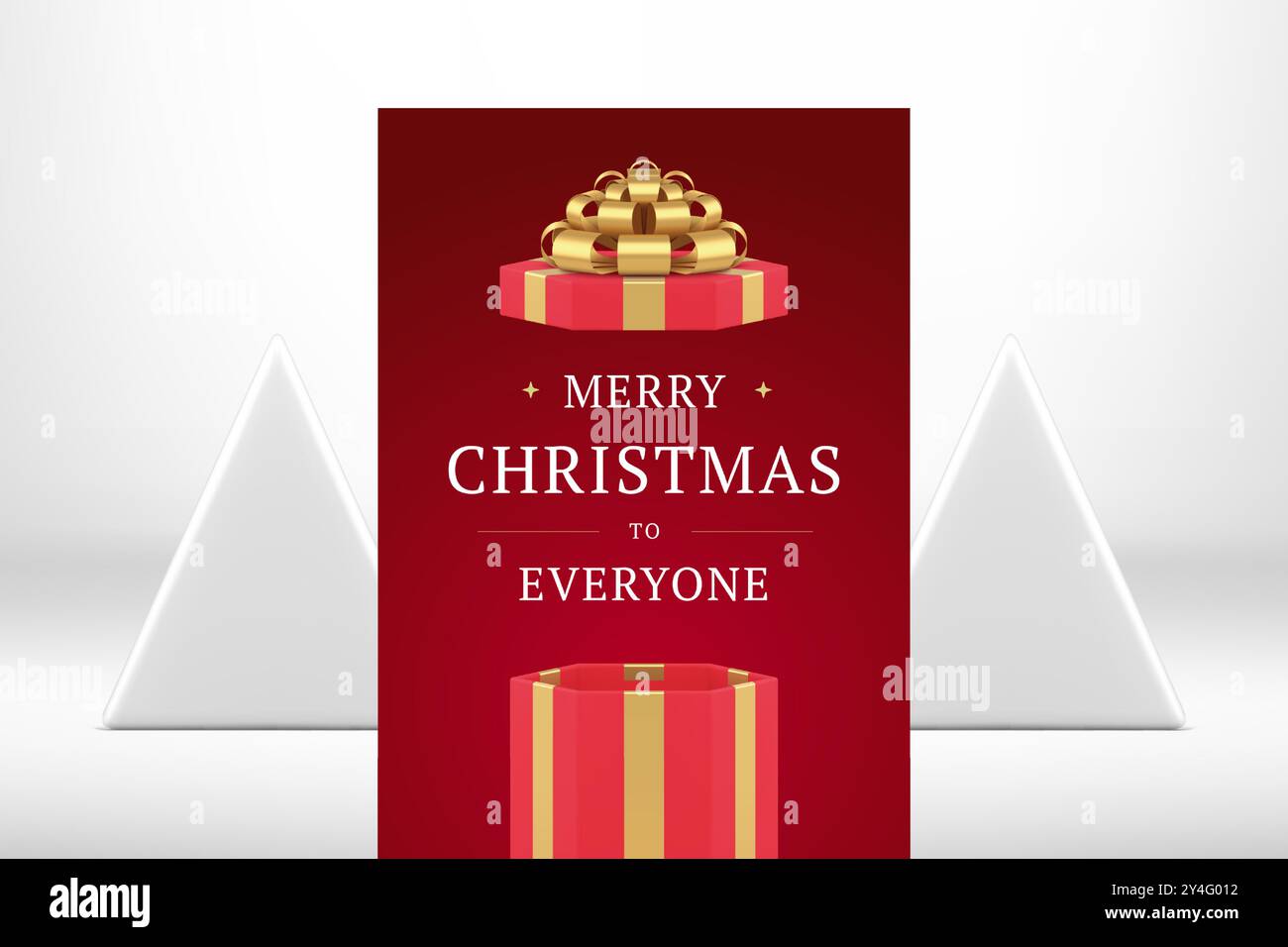 Confezione regalo Premium rossa modello di biglietto d'auguri natalizio realistico illustrazione vettoriale di icone 3D. Felice anno nuovo poster decorativo poligonale aperto pre Illustrazione Vettoriale