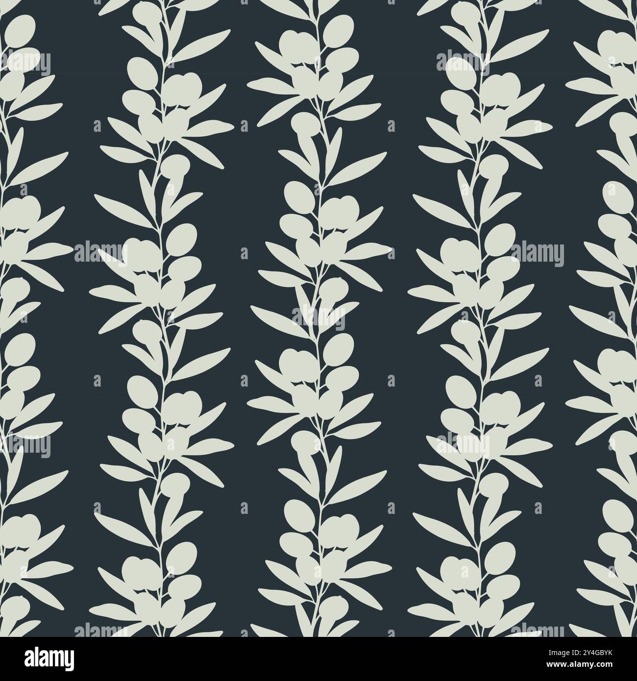 Ornamenti verticali di olive con motivo su sfondo scuro, ramificati con frutta e foglie. Illustrazione vettoriale Illustrazione Vettoriale