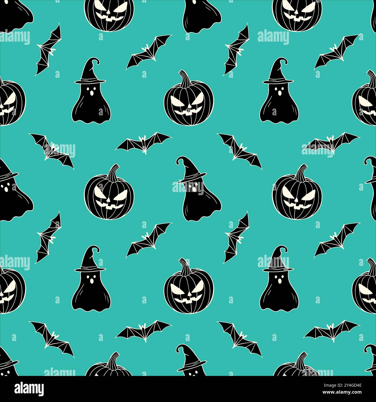 Motivo di Halloween con zucca inquietante, fantasma in cappello maghi e pipistrello, in stile doodle disegnato a mano. Per sfondo, sfondo, imballaggio. Illustrazione vettoriale Illustrazione Vettoriale