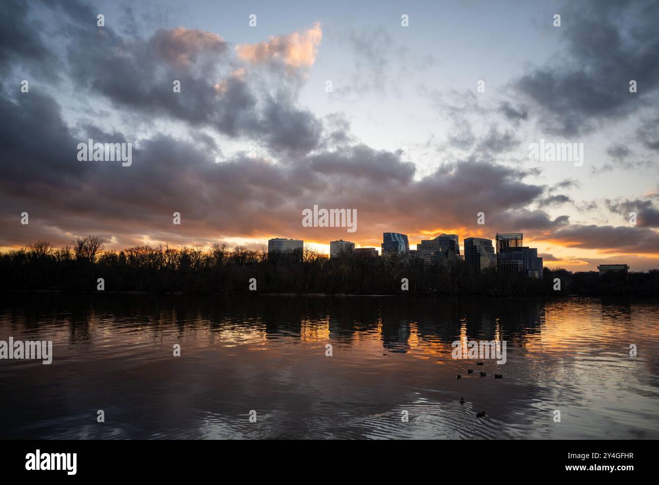 Rosslyn Skyline Sunset Potomac River Arlington Stati Uniti // ARLINGTON, Stati Uniti — lo skyline di Rosslyn, Virginia, si staglia contro un tramonto sul fiume Potomac. Le nuvole punteggiano il cielo mentre un bagliore dorato illumina l'orizzonte, creando uno sfondo drammatico per il paesaggio urbano di fronte a Washington DC. Foto Stock