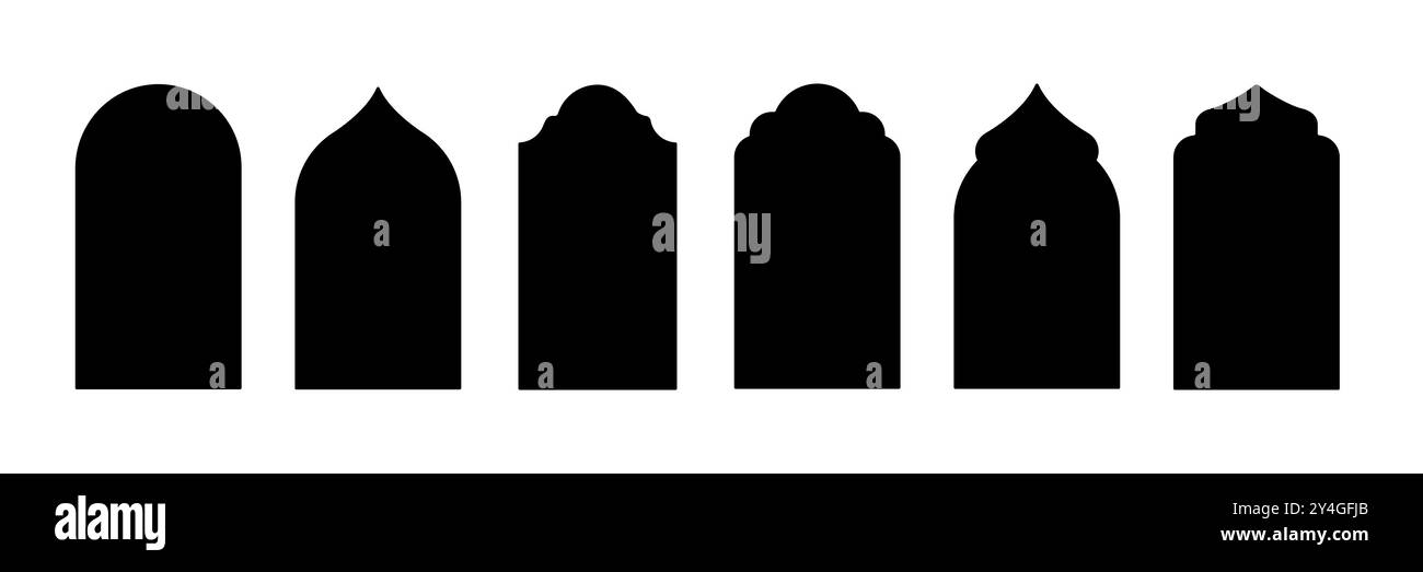 Set di forma islamica a forma di finestra o arco della porta. Collezione di cornici nere arabe musulmane isolate su sfondo bianco. Porte della moschea, motivi arabeschi Illustrazione Vettoriale