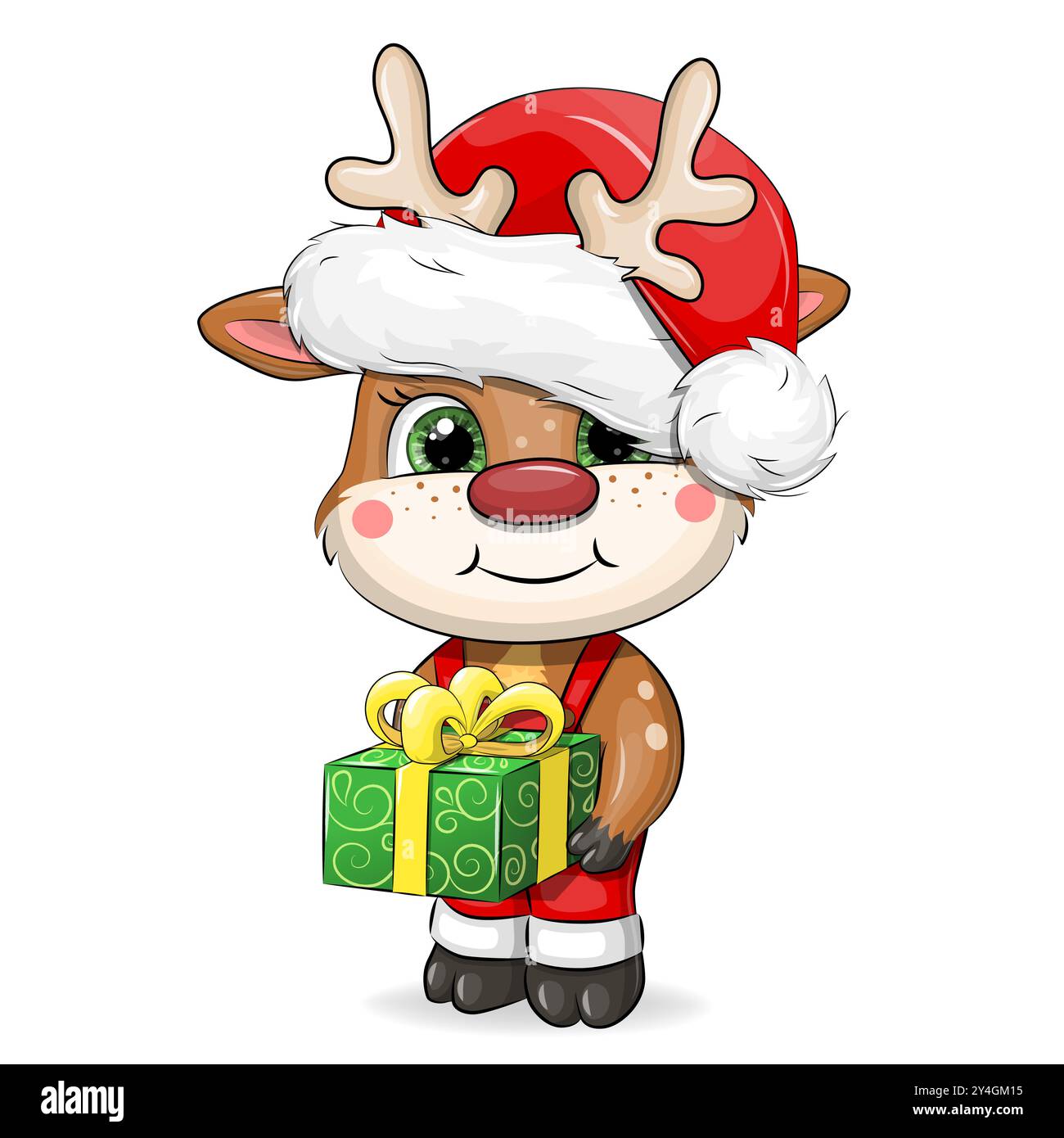Carino cervo cartoni animati con dono in un cappello di Babbo Natale. Illustrazione del vettore Chtistmas di un animale su sfondo bianco. Illustrazione Vettoriale