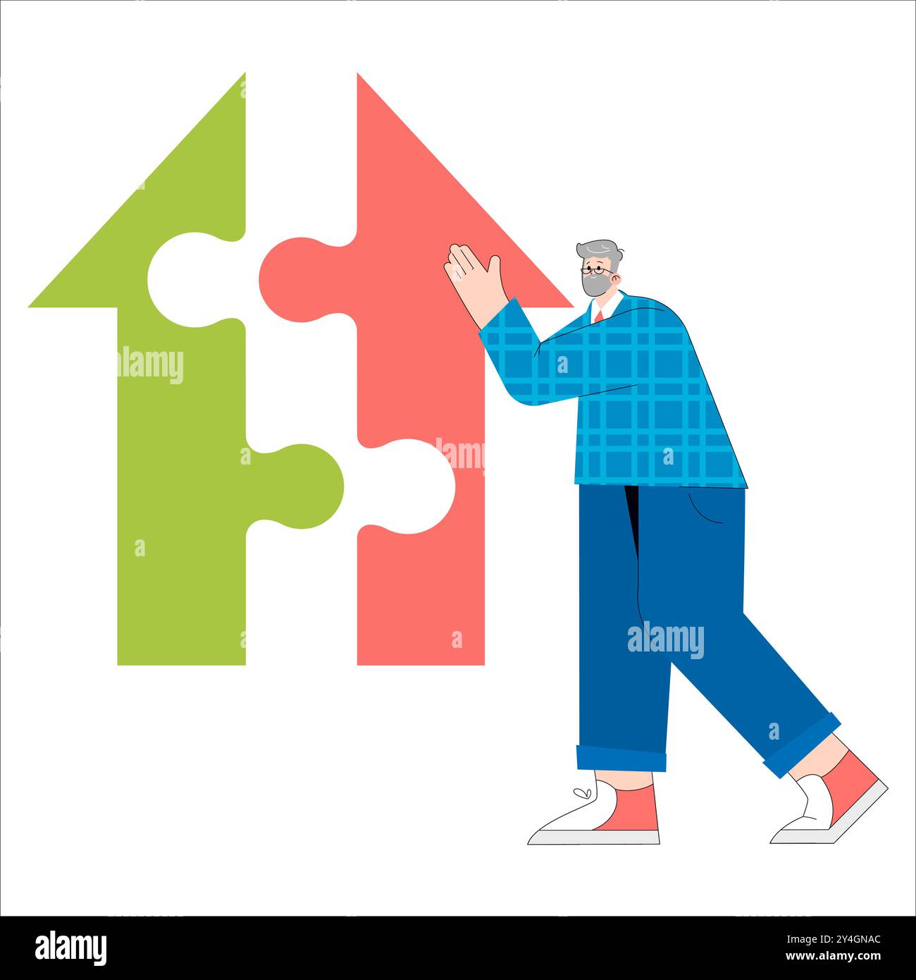 Uomo d'affari esperto che collega pezzi di puzzle in una metafora per la risoluzione dei problemi e la strategia. Leadership e soluzioni. Illustrazione vettoriale. Illustrazione Vettoriale