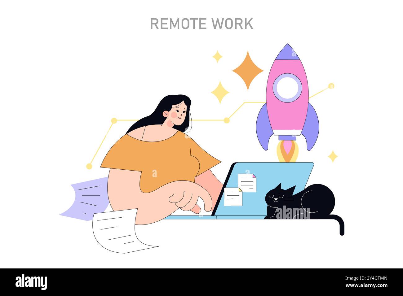 Concetto di lavoro remoto. Una donna lavora da casa con un notebook, accanto a un gatto domestico, come un razzo simboleggia la produttività. Impostazione dell'ufficio domestico. Illustrazione vettoriale. Illustrazione Vettoriale