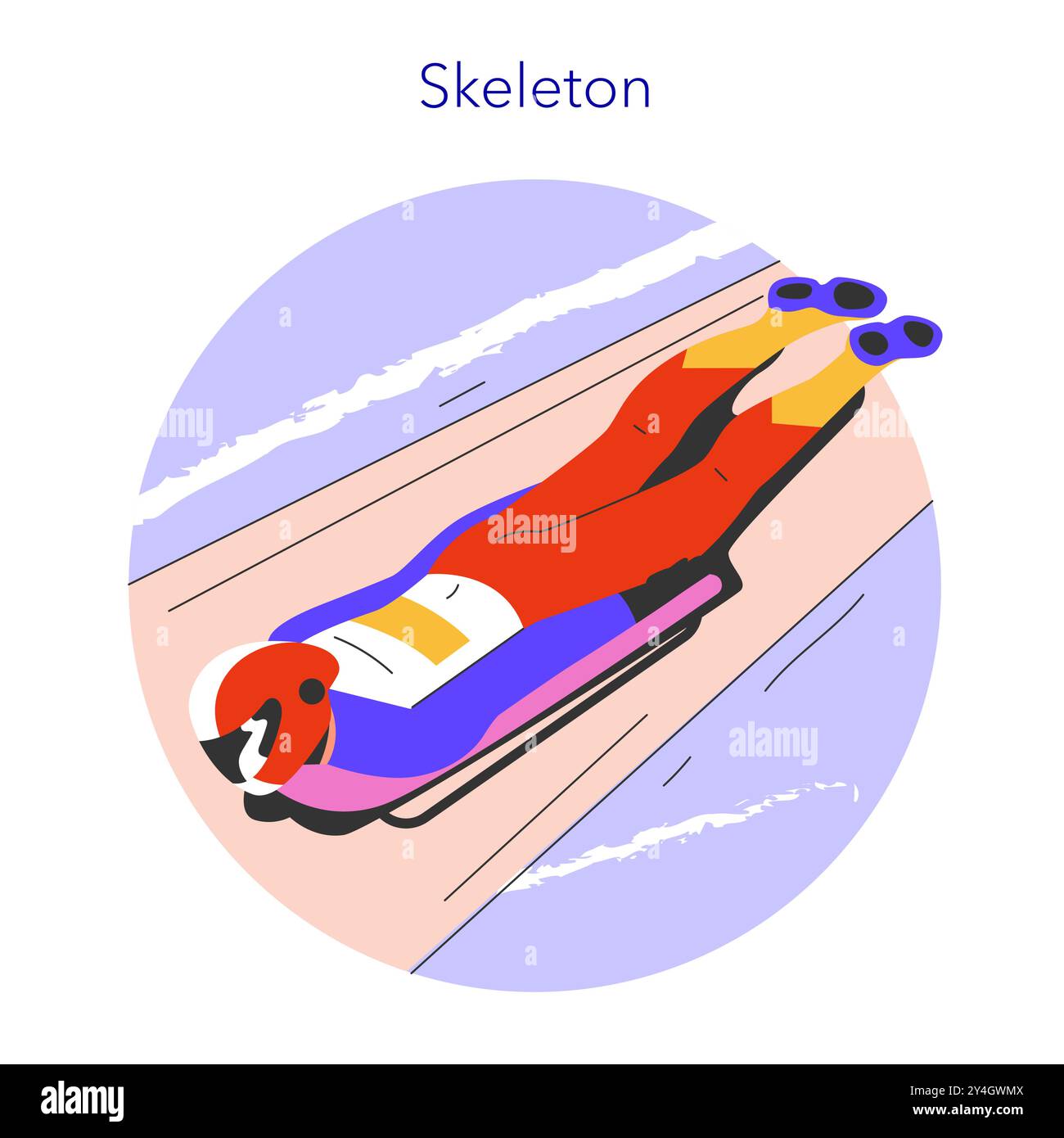 Concetto di sport invernali. Un atleta accelera la pista in una gara di scheletro, mostrando brivido e precisione. Illustrazione vettoriale. Illustrazione Vettoriale