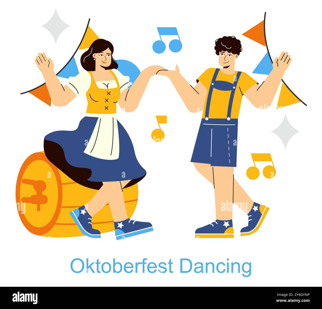 Concetto Oktoberfest. Una coppia gioiosa in tradizionale abbigliamento bavarese danzando con decorazioni festose, simboleggiando lo spirito celebrativo dell'evento. Illustrazione vettoriale. Illustrazione Vettoriale