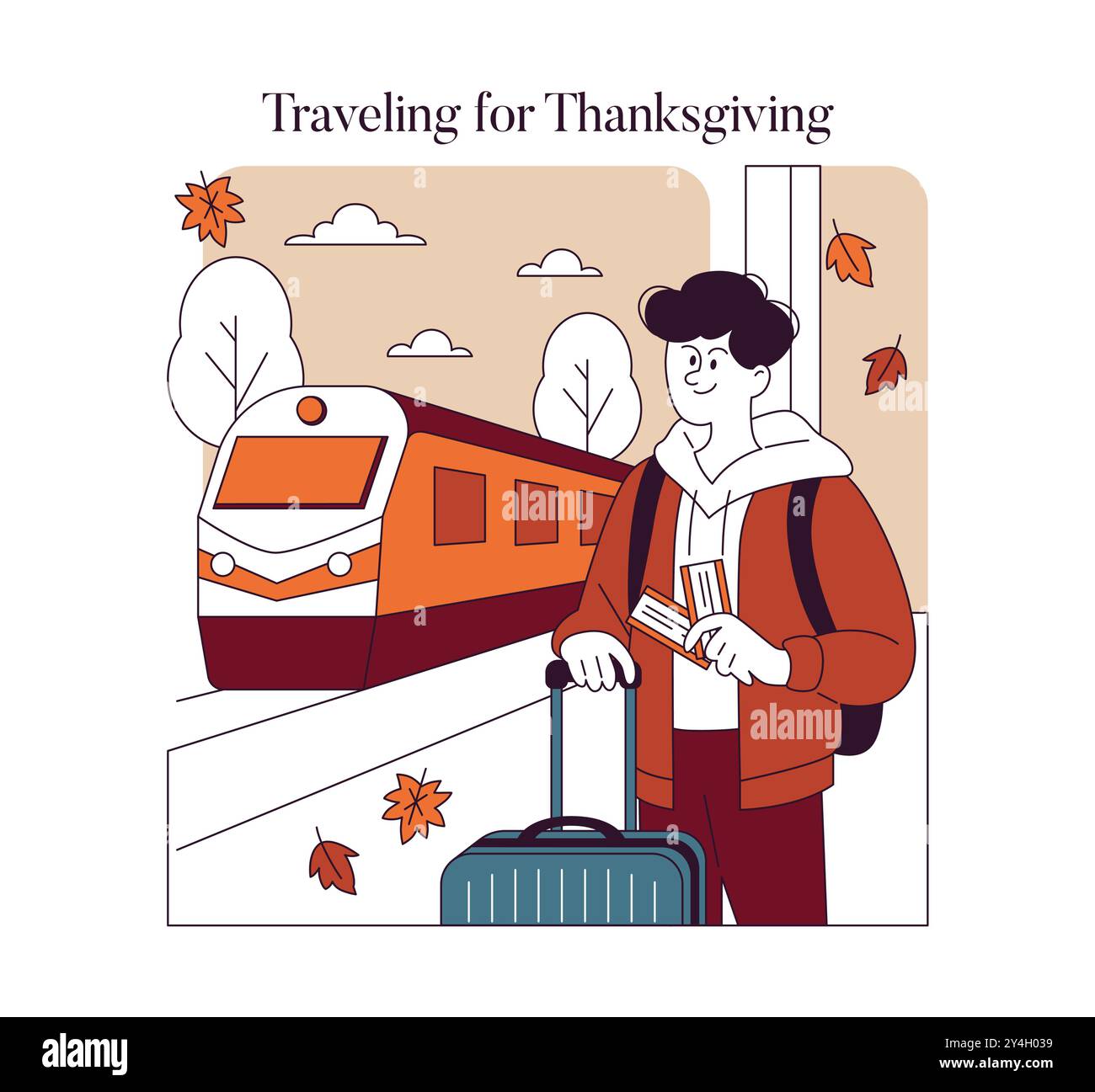 Concetto di viaggio per il giorno del Ringraziamento. Persona con bagagli pronta a salire a bordo di un treno in mezzo al paesaggio autunnale. Riunione del viaggio di vacanza. Illustrazione vettoriale. Illustrazione Vettoriale
