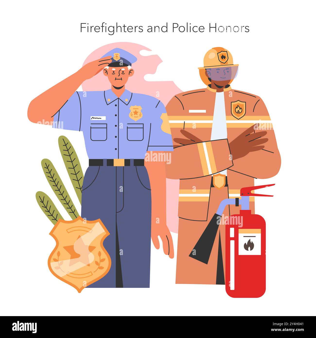 Illustrazione del Patriot Day in onore dei vigili del fuoco e degli agenti di polizia con simboli di coraggio e servizio. Illustrazione vettoriale. Illustrazione Vettoriale