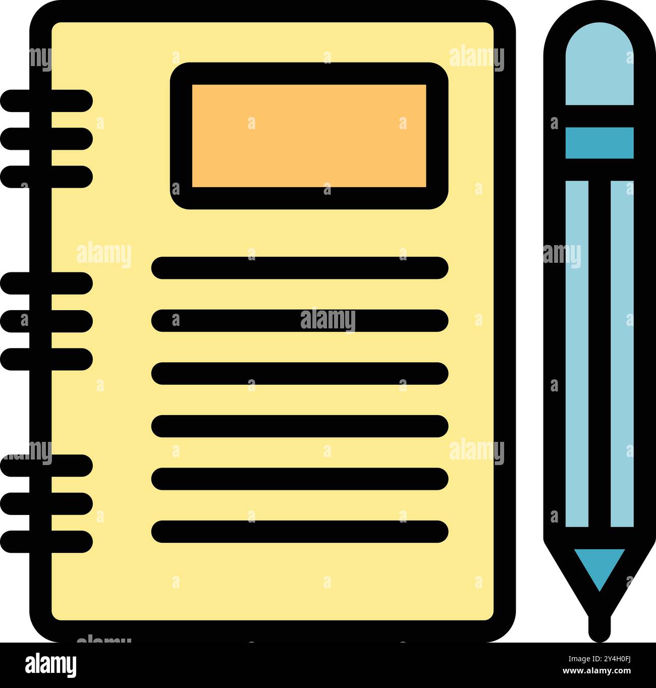 Semplice icona di un blocco note giallo con una pagina vuota e una matita blu che prende appunti, ideale per progetti didattici o per l'ufficio Illustrazione Vettoriale