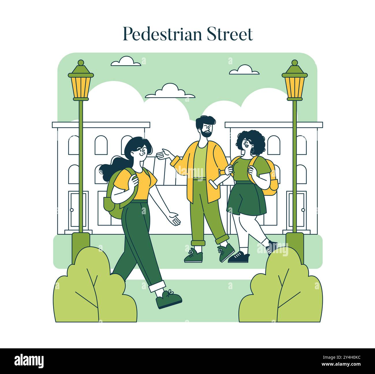 Concetto World Car Free Day. Illustrazione che mostra le persone che amano una zona pedonale urbana senza auto con vegetazione. Stile di vita urbano e viaggi ecologici. Illustrazione vettoriale. Illustrazione Vettoriale