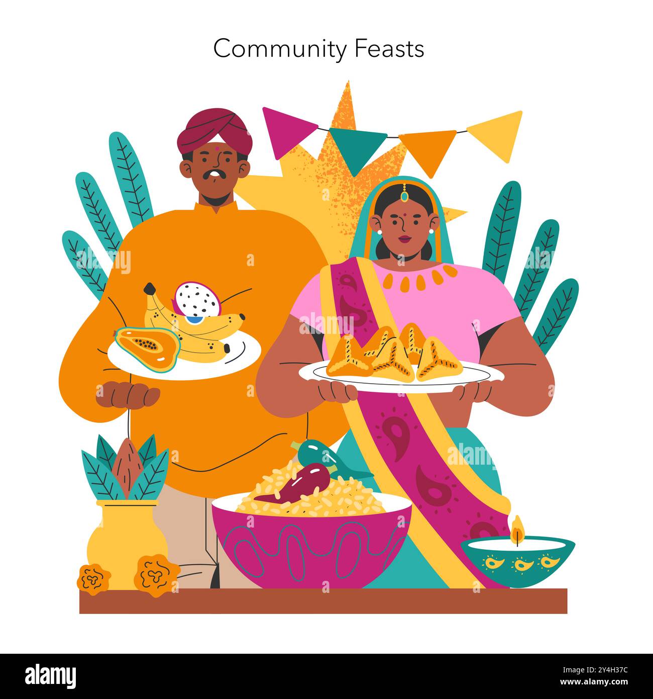 Illustrazione vettoriale della celebrazione Navaratri che mostra un uomo e una donna in abiti tradizionali che servono cibo festivo. Illustrazione vettoriale. Illustrazione Vettoriale