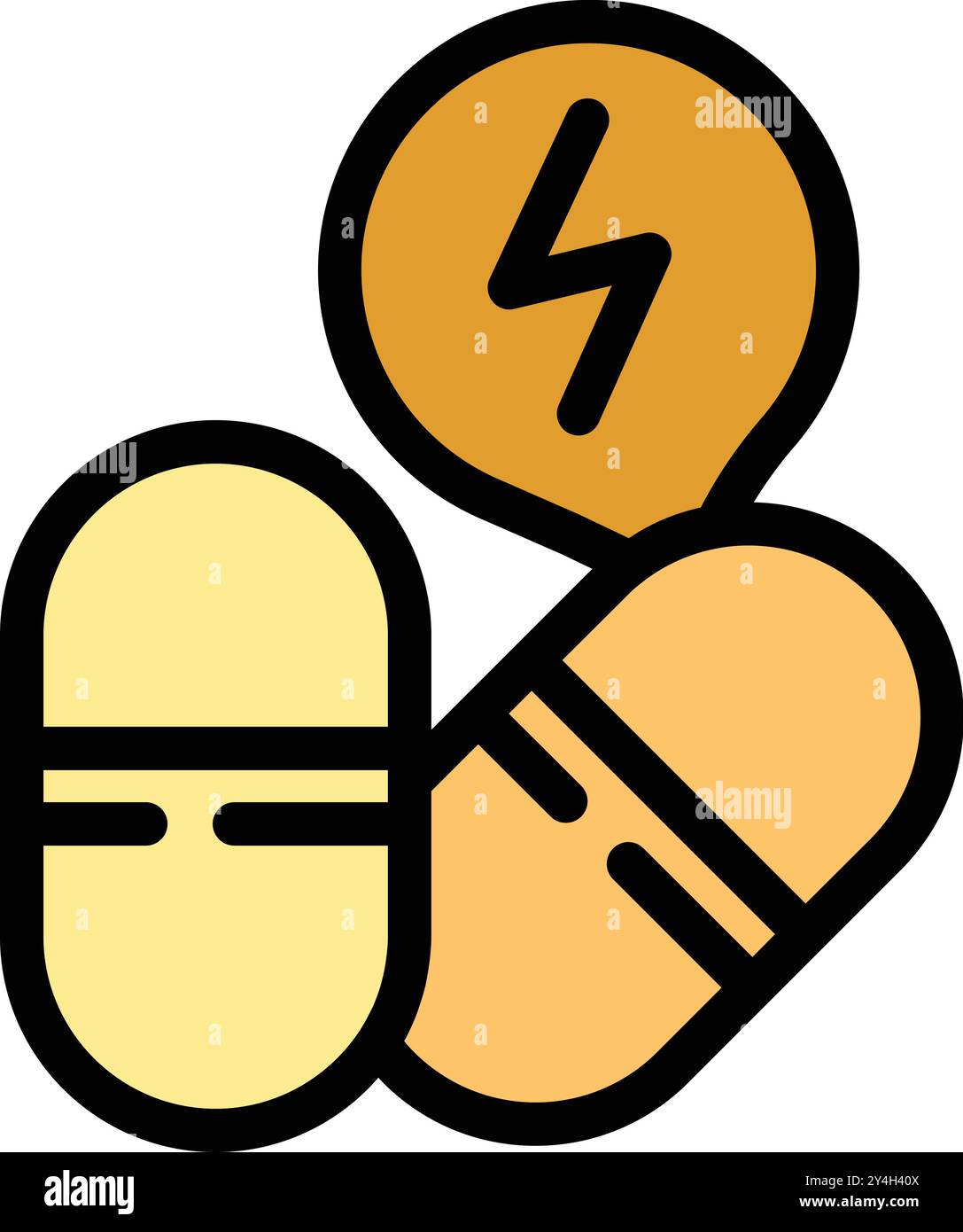 Due pillole che forniscono un aumento istantaneo di energia con il simbolo del fulmine Illustrazione Vettoriale