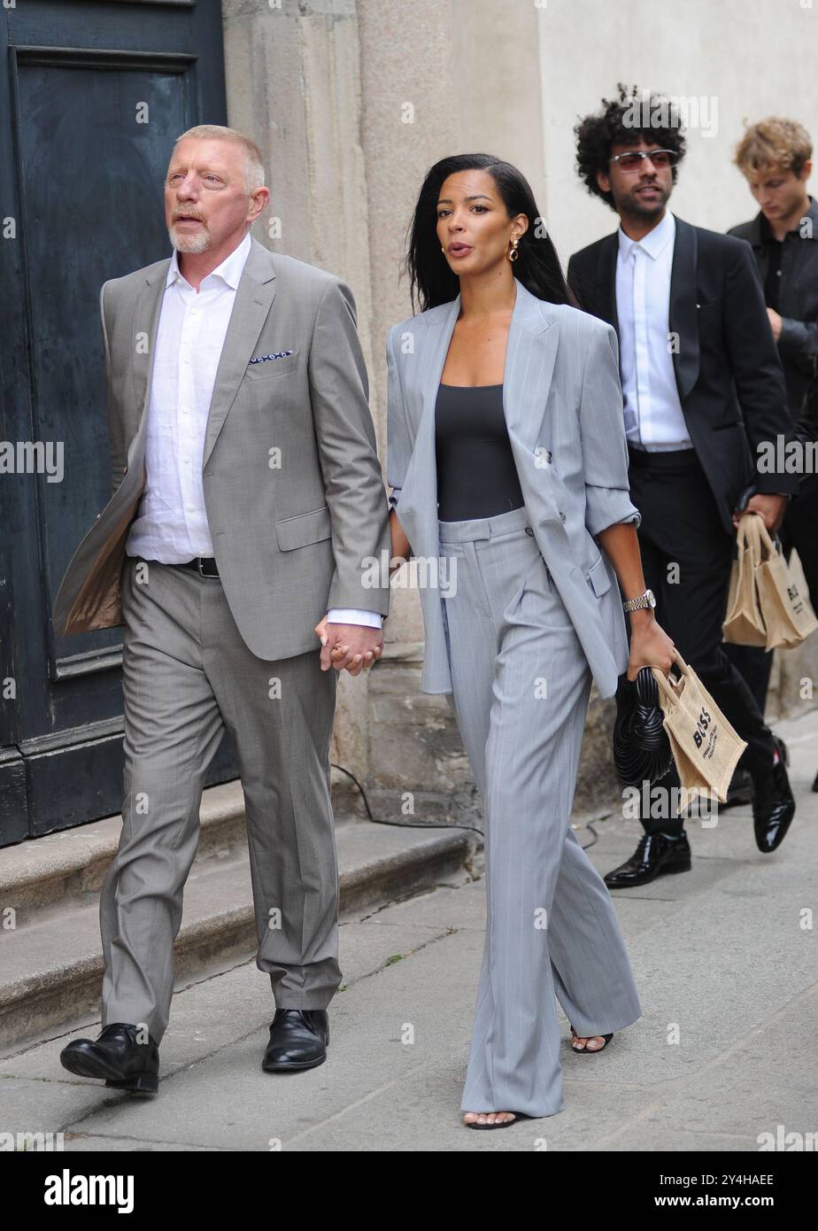 Milano, 18-09-2024 Boris Becker e la sua fidanzata Lilian De Carvalho Monteiro arrivano per assistere alla sfilata di moda Hugo Boss Foto Stock