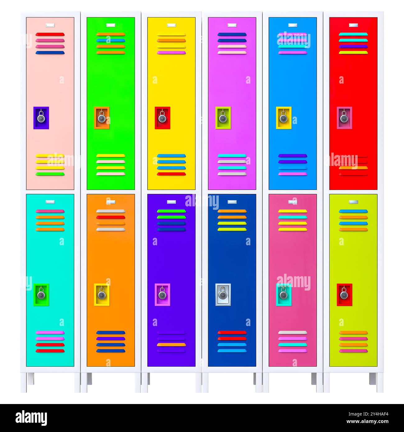 Fila di sportelli colorati per armadietti scolastici con serrature a combinazione sfondo 3d. Foto Stock