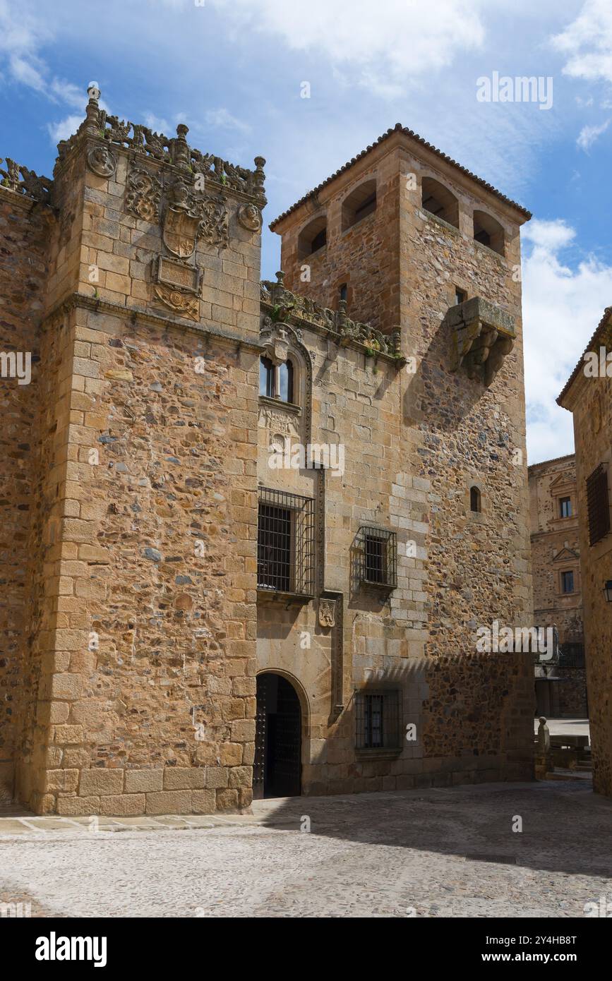 Un edificio in pietra con torri decorate con decorazioni ornamentali e un Tor Tor, palazzo, Palacio de los Golfinos de Abajo, museo di storia locale, città vecchia, Caceres, Foto Stock