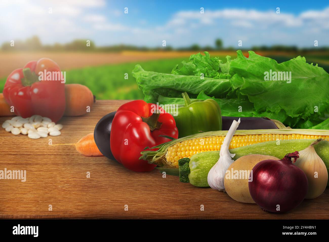 Verdure colorate tra cui peperoni, lattuga e mais esposte su un tavolo di legno con uno sfondo panoramico della fattoria. Perfetto per i concetti di sana ea Foto Stock