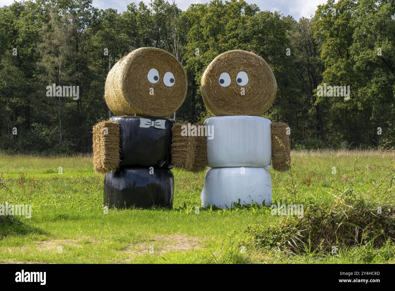 Bambole di paglia, figure, come coppia di nozze, di fronte a una casa vicino ad Arcen, Paesi Bassi, decorazione per la coppia di nozze, Paesi Bassi Foto Stock