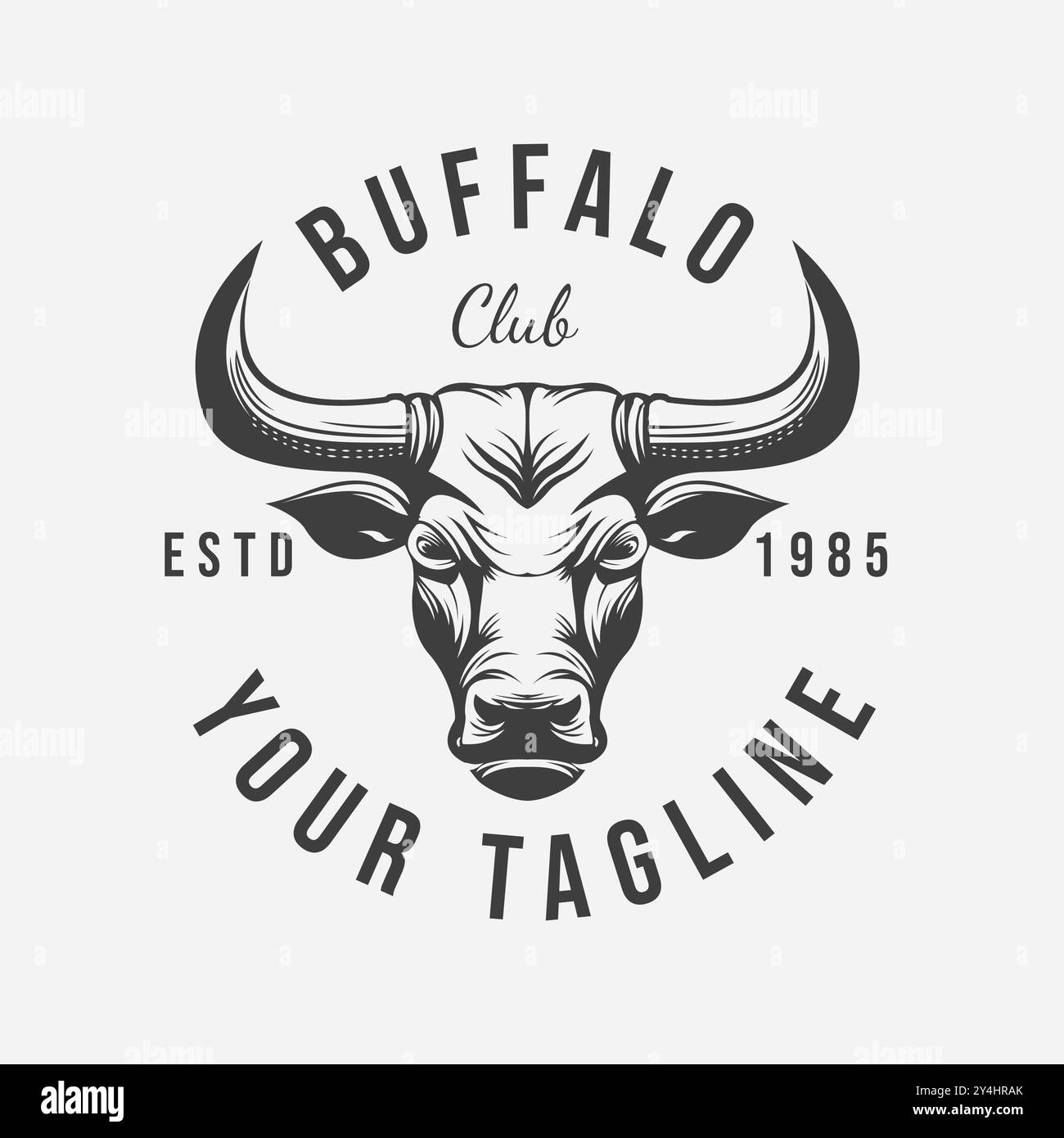 Motivo Buffalo Head Emblem con corna in stile vintage retrò. Illustrazione del logo del club sportivo Illustrazione Vettoriale