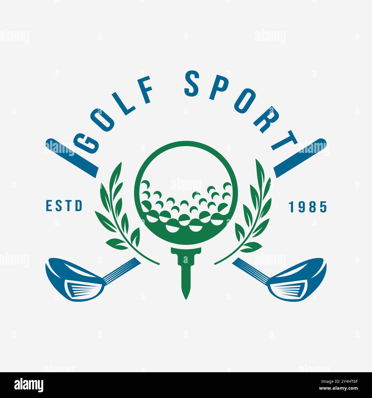 Emblema da golf d'epoca retrò con elementi in foglia e strumenti da golf, palla da golf professionale e illustrazione del vettore simbolo del club Illustrazione Vettoriale