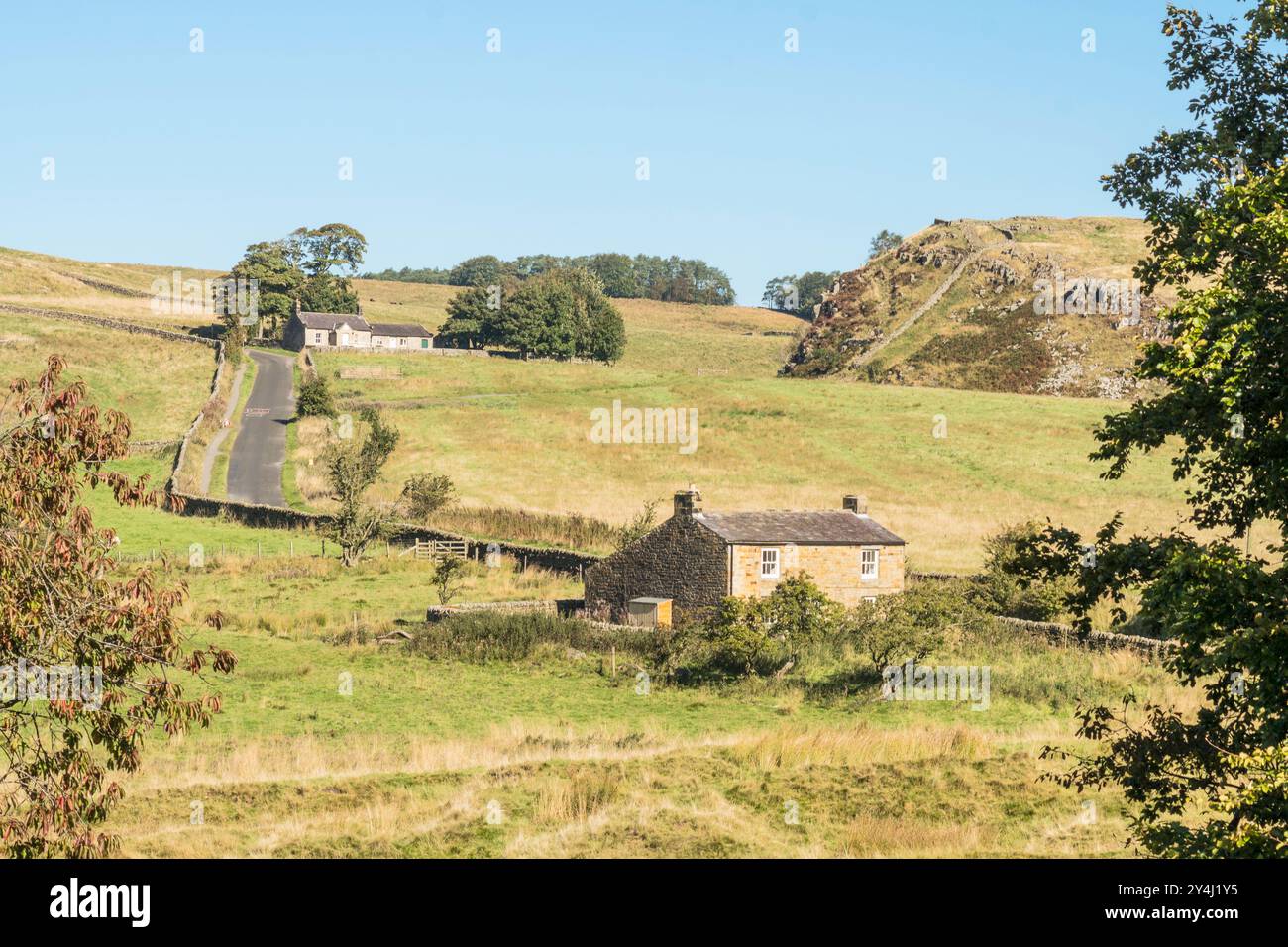 Una strada tortuosa che attraversa la campagna del Northumberland, Inghilterra, Regno Unito Foto Stock