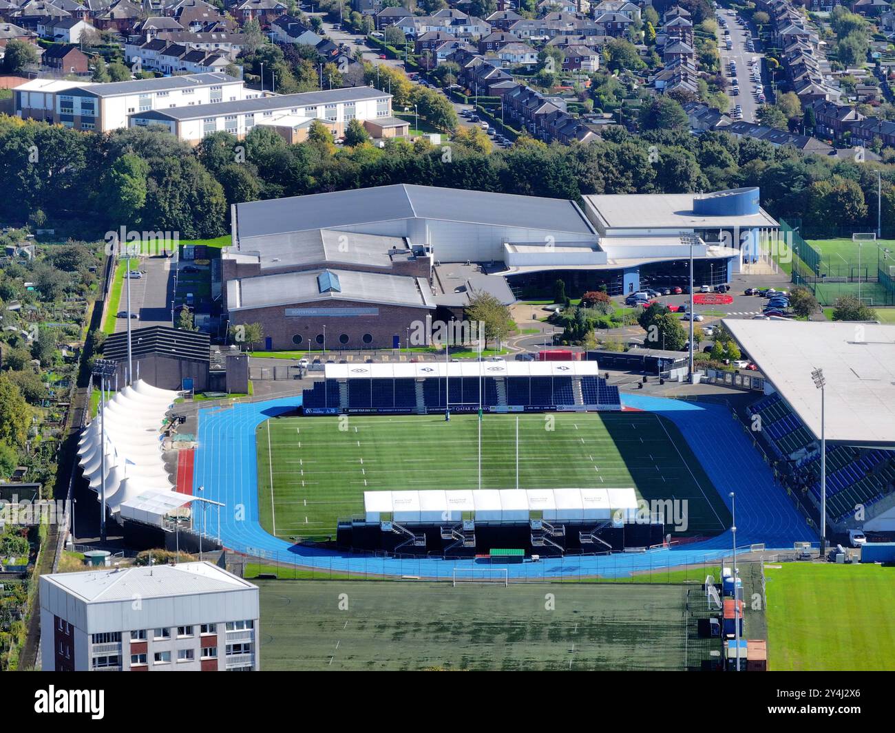 Scotstoun Stadium Glasgow 18 settembre 2024. Vista aerea dello Scotstoun Stadium, una delle sedi principali per i Giochi del Commonwealth del 2026, annunciati di recente. Crediti: ALAN OLIVER/Alamy Live News Foto Stock