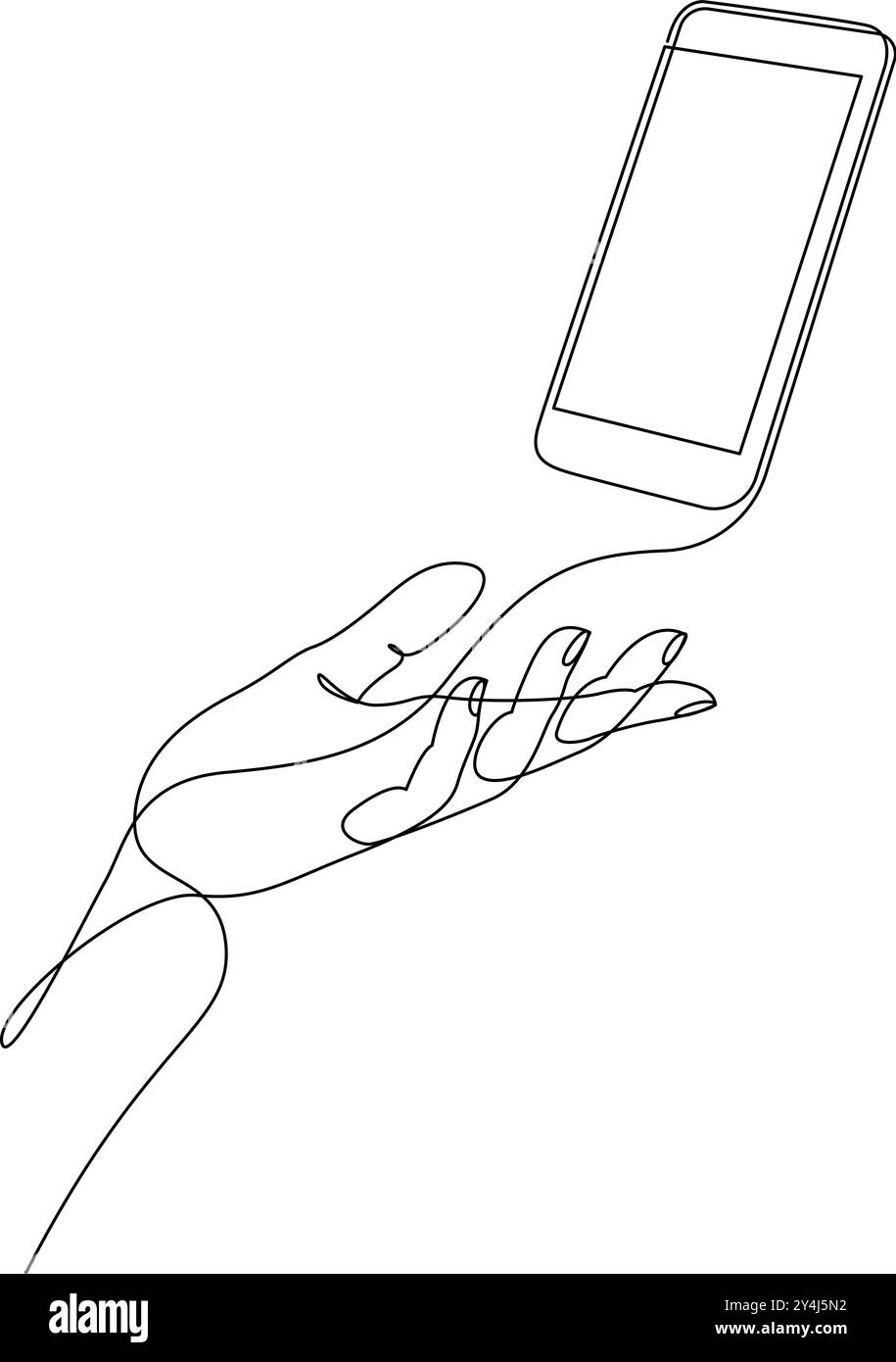 Disegno continuo di una linea di mano umana che tiene lo smartphone. Telefono cellulare sul palmo della mano. Illustrazione vettoriale del telefono cellulare con tratto modificabile Illustrazione Vettoriale