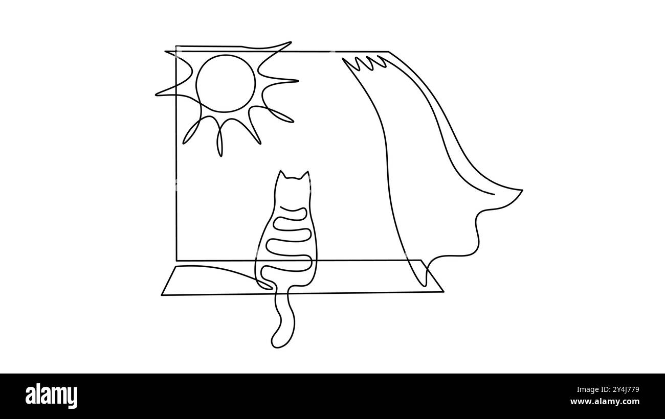 Vista finestra continua a una linea con Cat. Silhouette viaggia in un paesaggio marino da casa. Illustrazione del vettore di disegno della linea bianca digitale del sorgere del sole Illustrazione Vettoriale