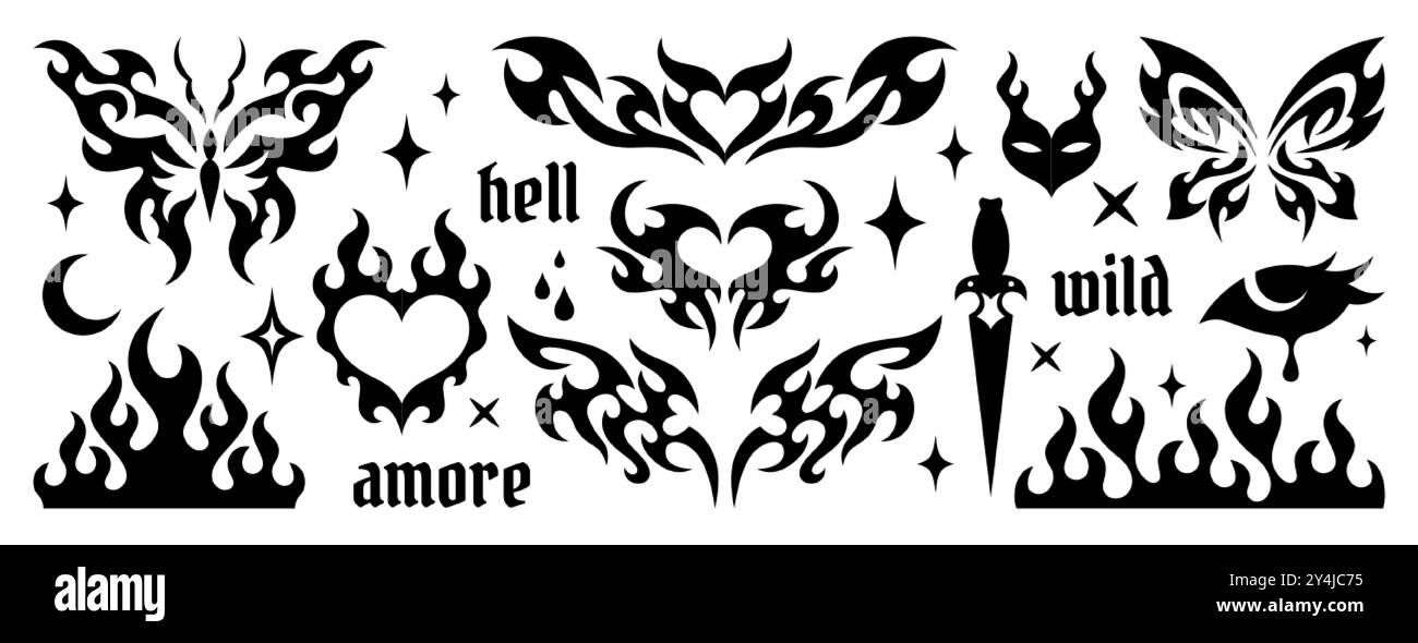 Set di adesivi per tatuaggi gotici Y2K. Ornamenti tribali neo, farfalla disegnata a mano emo alla moda, fiamma, cuore ardente, scritta graffiti. Icone estetiche gotiche nere neotribal, elemento di design cyber-sigilismo Illustrazione Vettoriale