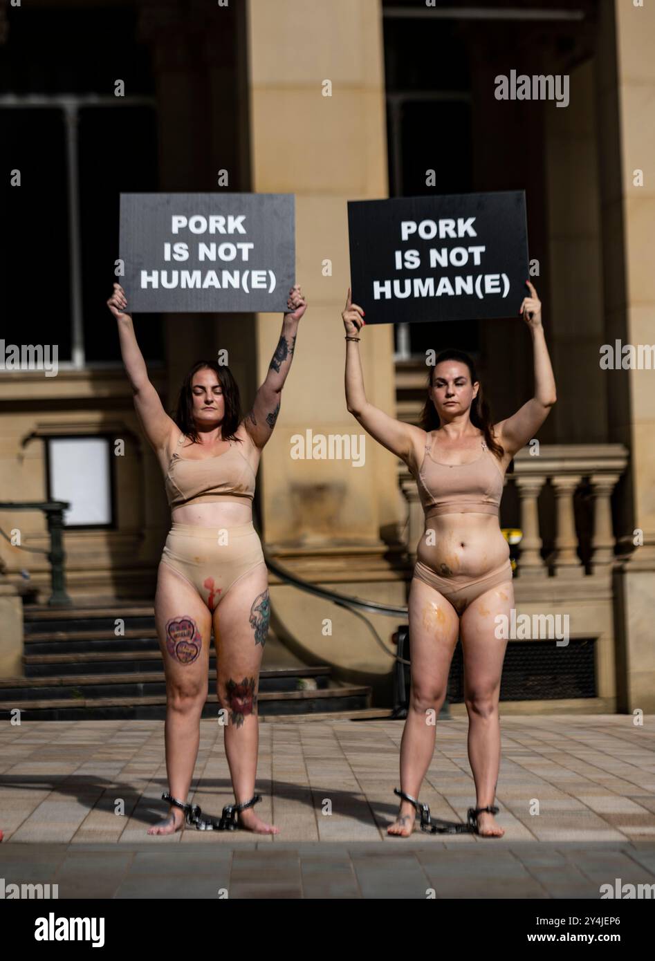 Animal Justice Project x Speciesism.wtf Animal Rights Art Installation Protestation in Birmingham City Centre, 14 settembre 2024, fuori Birmingham Art Gallery and Museum. Foto Stock